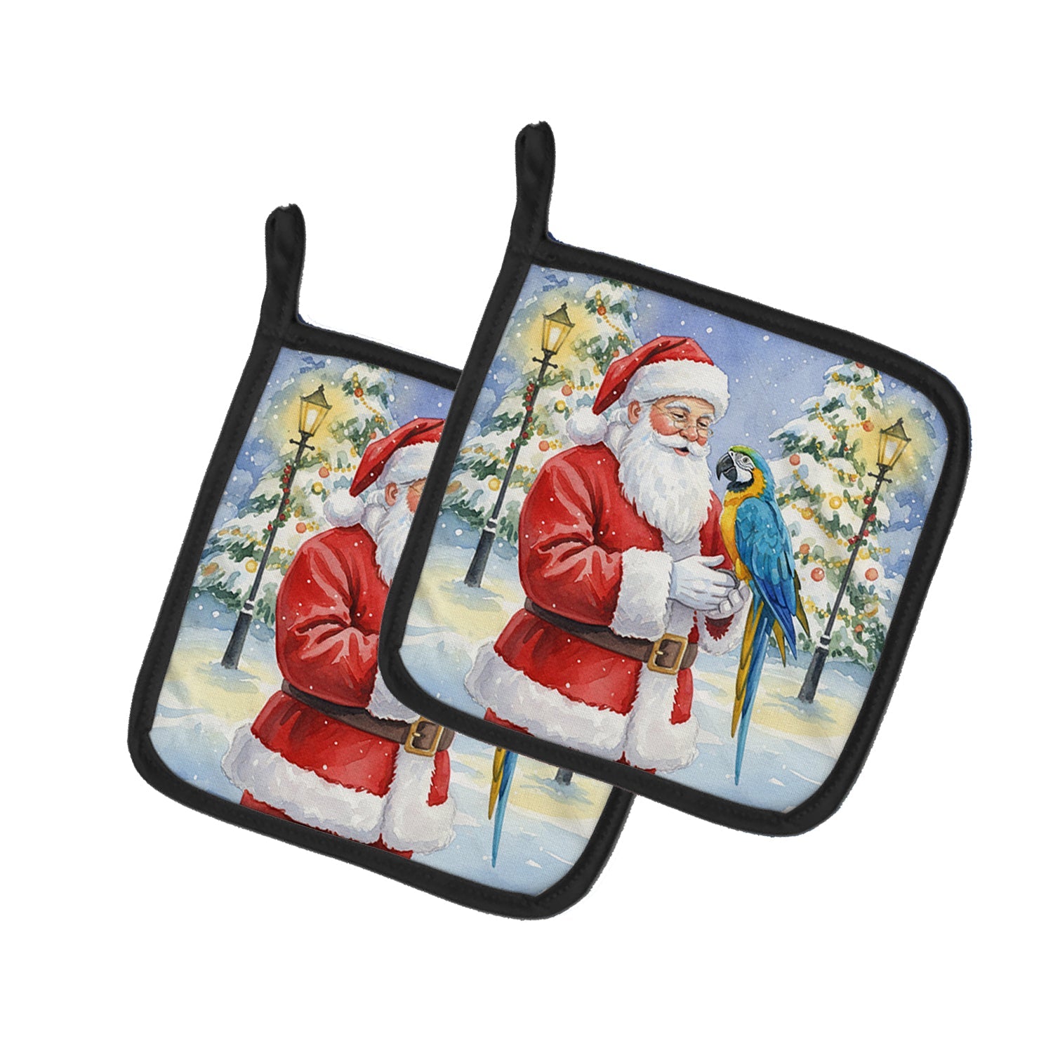 Blue and Gold Macaw Parrot with Santa Claus Pot Holder Set of 2 Heat Resistant Quilted Hot Pads 7.5 x 7.5 Inch, Insulated Kitchen Trivets for Cooking & Baking