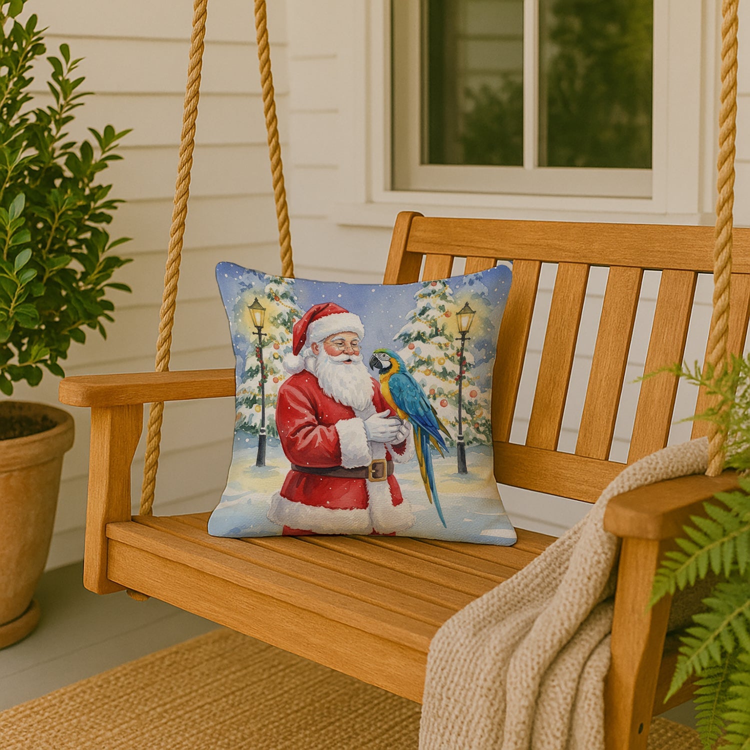 Blue and Gold Macaw Parrot with Santa Claus Decorative Throw Pillow 18x18 Indoor Outdoor Accent Cushion, Fabric Cover with Insert for Sofa, Bed, Porch & Living Room