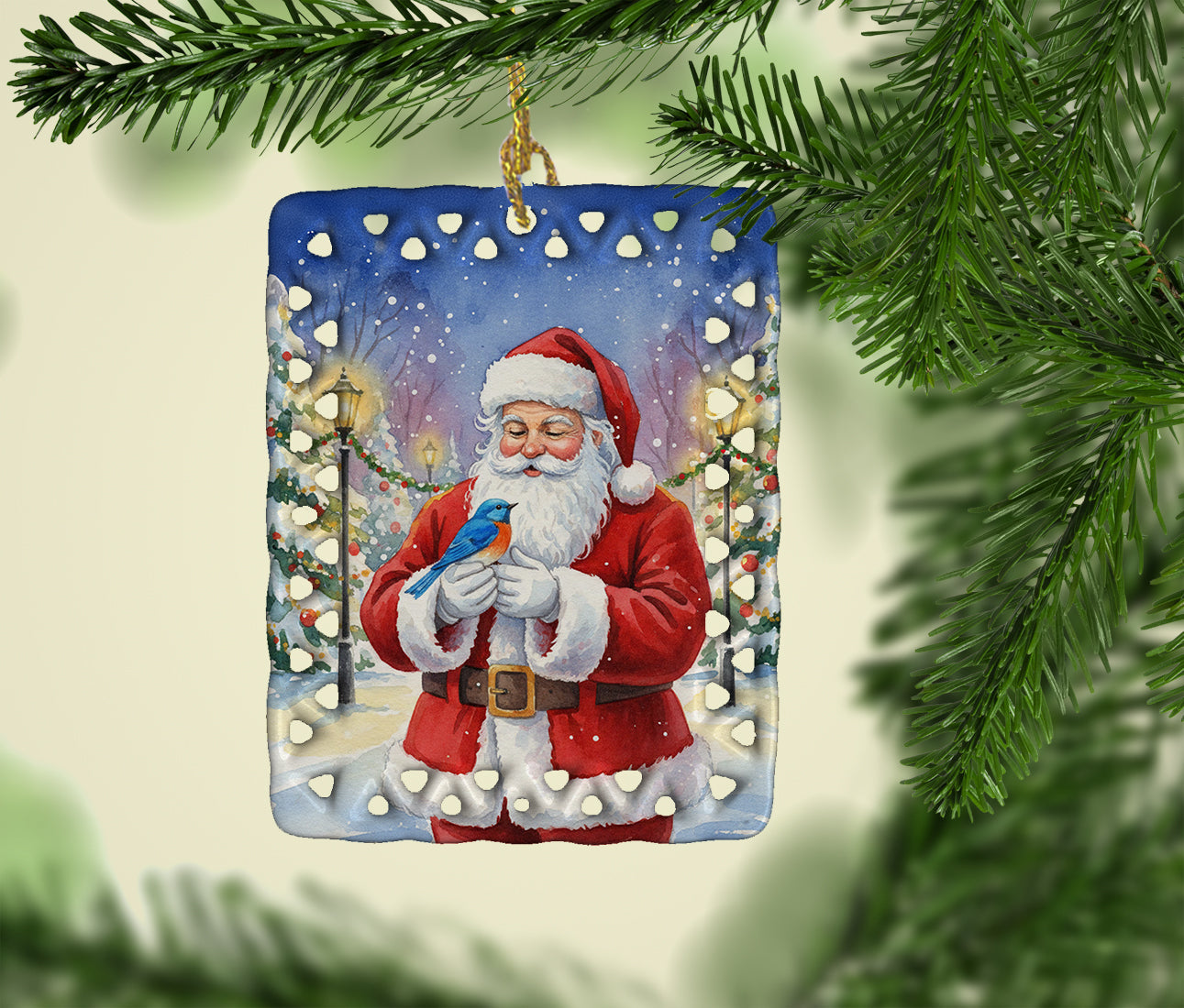 Bluebird with Santa Claus Porcelain Ornament Christmas Tree Hanging Decorations for Home Christmas Holiday, Rectangle, Gift, Multicolor