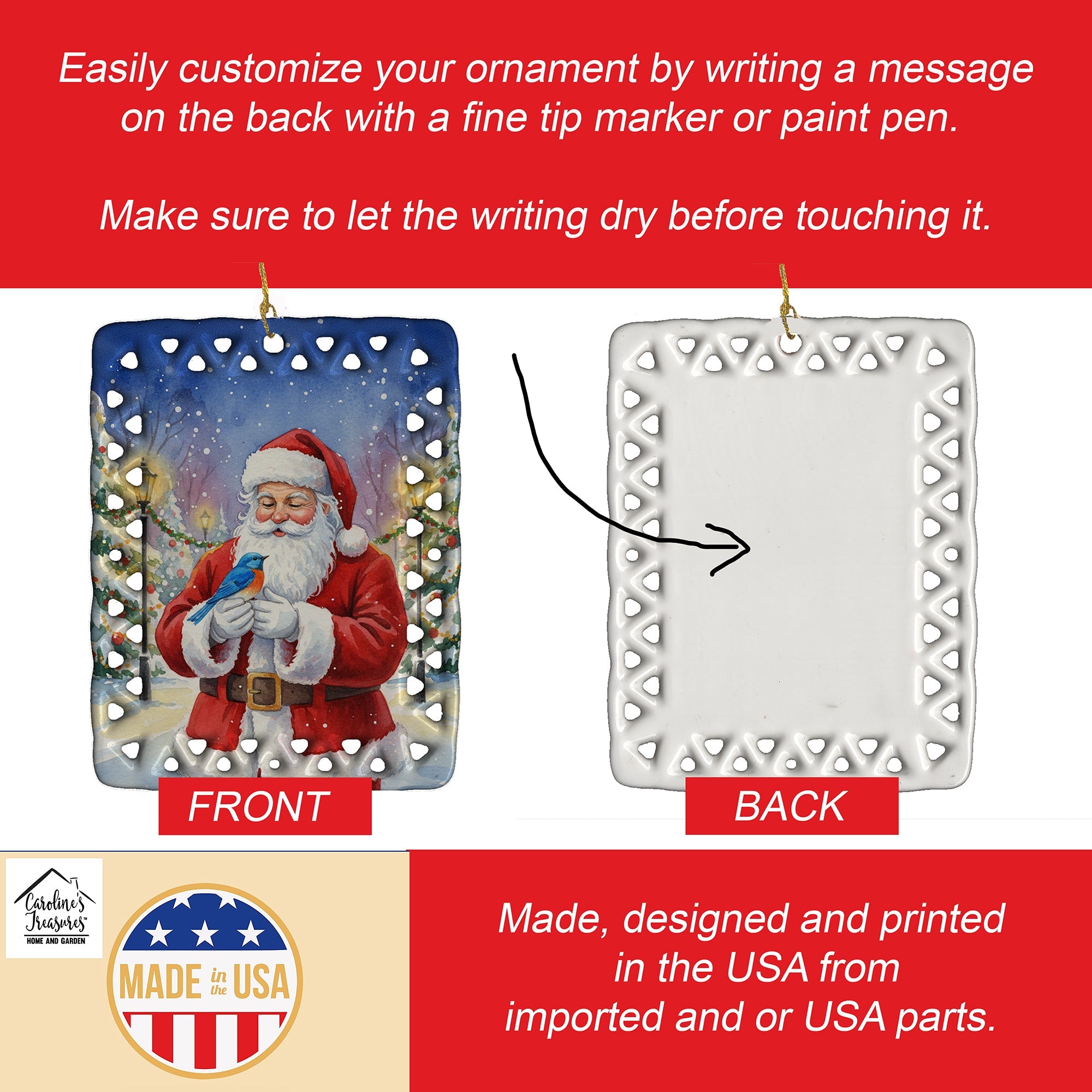 Bluebird with Santa Claus Porcelain Ornament Christmas Tree Hanging Decorations for Home Christmas Holiday, Rectangle, Gift, Multicolor