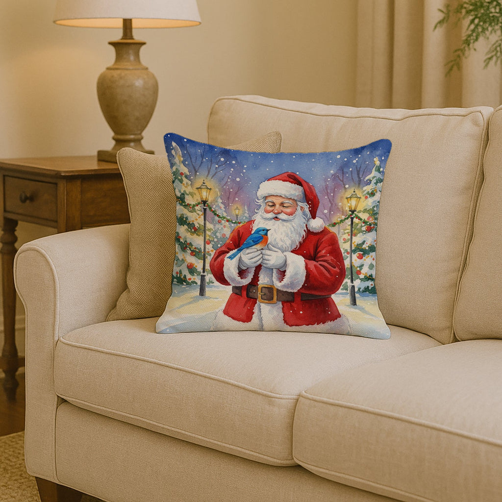 Bluebird with Santa Claus Decorative Throw Pillow 14x14 Indoor Outdoor Accent Cushion, Fabric Cover with Insert for Sofa, Bed, Porch & Living Room