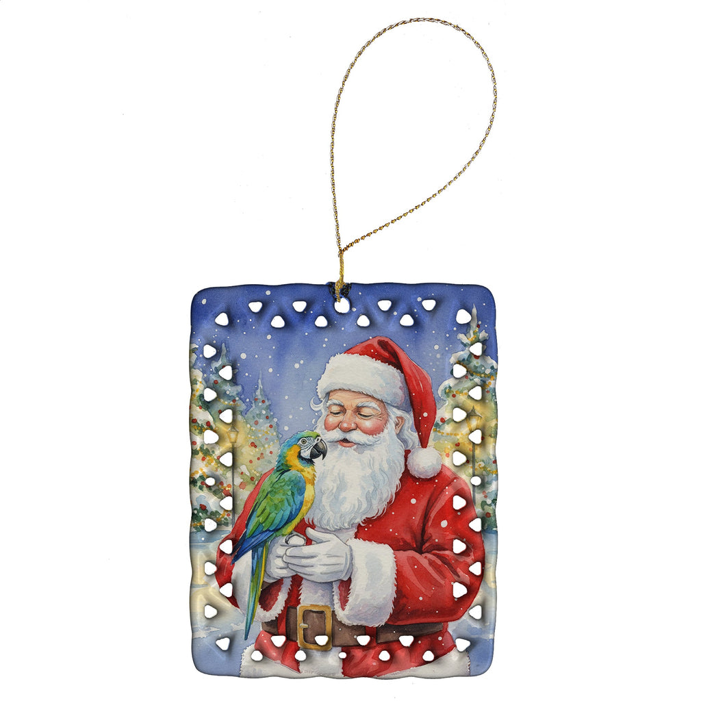 Blue Fronted Amazon Parrot with Santa Claus Porcelain Ornament Christmas Tree Hanging Decorations for Home Christmas Holiday, Rectangle, Gift, Multicolor
