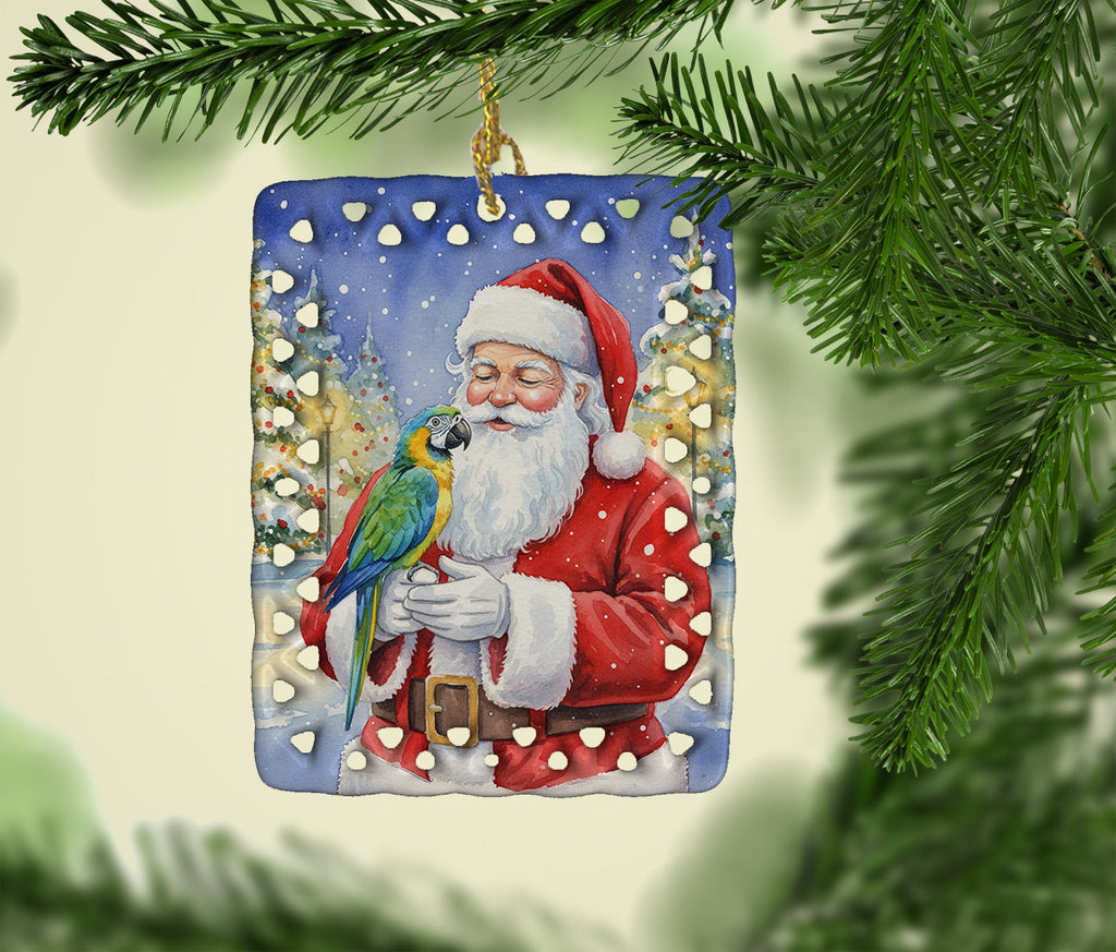 Blue Fronted Amazon Parrot with Santa Claus Porcelain Ornament Christmas Tree Hanging Decorations for Home Christmas Holiday, Rectangle, Gift, Multicolor