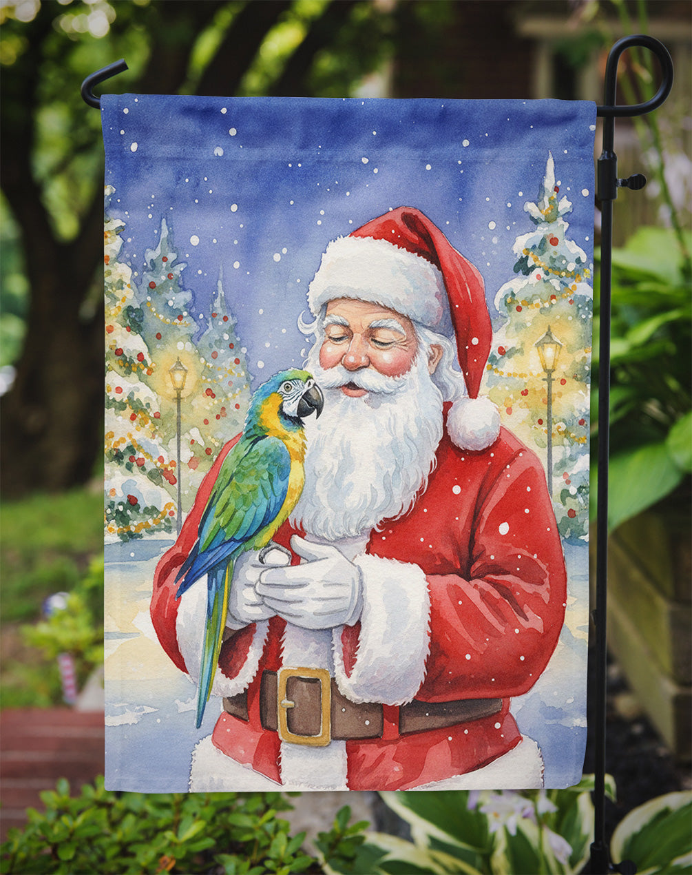 Blue Fronted Amazon Parrot with Santa Claus Garden Flag Mailbox Decorative Yard Banner Outside Patio Artwork for Flower Beds, Garden Size, Multicolor