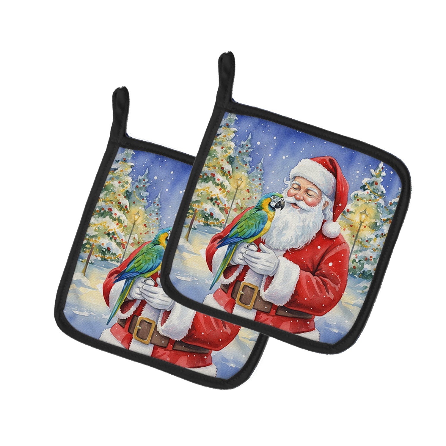Blue Fronted Amazon Parrot with Santa Claus Pot Holder Set of 2 Heat Resistant Quilted Hot Pads 7.5 x 7.5 Inch, Insulated Kitchen Trivets for Cooking & Baking
