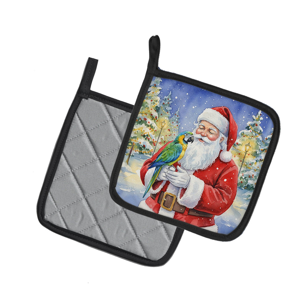 Blue Fronted Amazon Parrot with Santa Claus Pot Holder Set of 2 Heat Resistant Quilted Hot Pads 7.5 x 7.5 Inch, Insulated Kitchen Trivets for Cooking & Baking