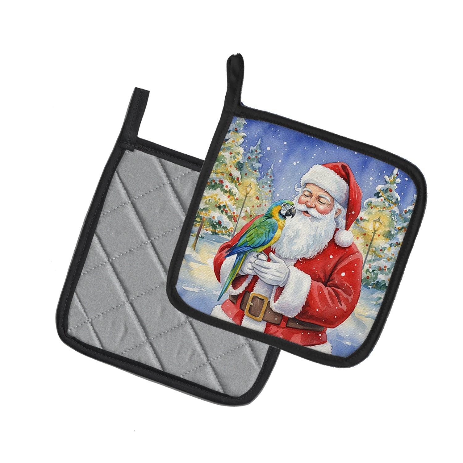 Blue Fronted Amazon Parrot with Santa Claus Pot Holder Set of 2 Heat Resistant Quilted Hot Pads 7.5 x 7.5 Inch, Insulated Kitchen Trivets for Cooking & Baking