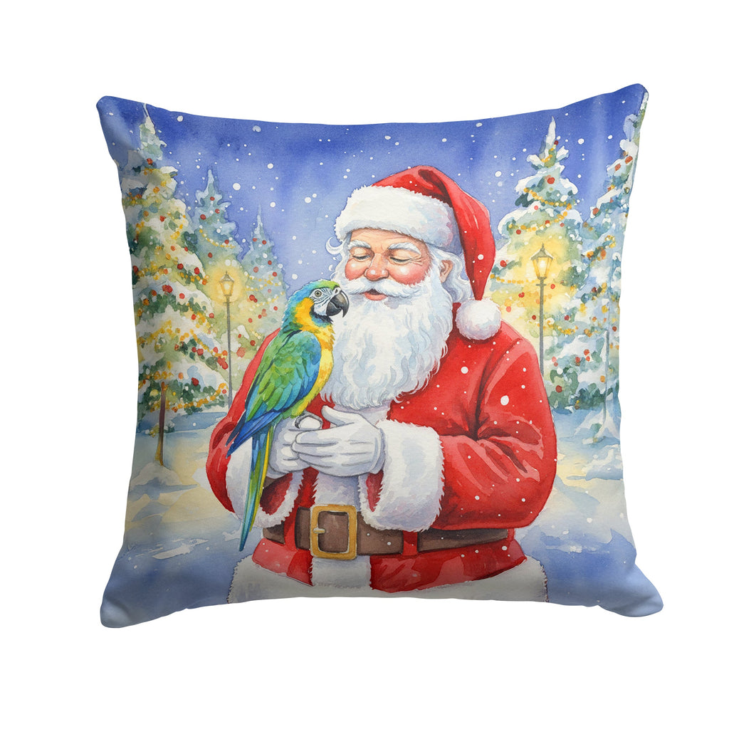 Blue Fronted Amazon Parrot with Santa Claus Decorative Throw Pillow 14x14 Indoor Outdoor Accent Cushion, Fabric Cover with Insert for Sofa, Bed, Porch & Living Room
