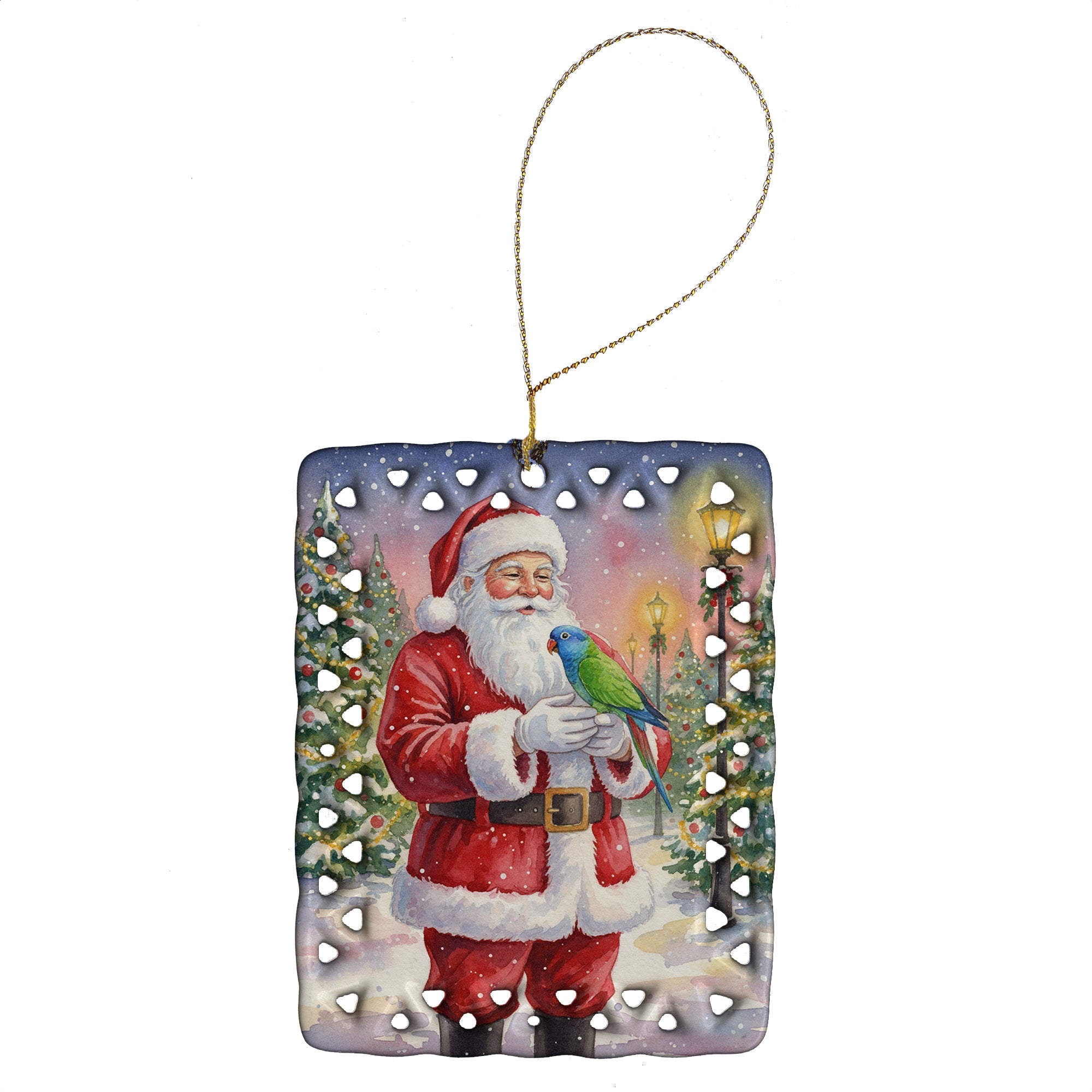 Blue Headed Pionus Parrot with Santa Claus Porcelain Ornament Christmas Tree Hanging Decorations for Home Christmas Holiday, Rectangle, Gift, Multicolor