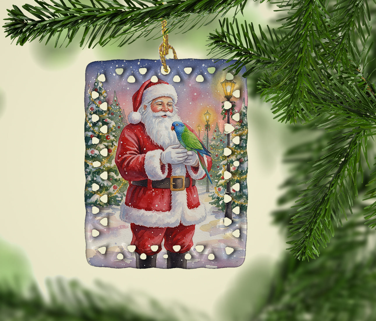 Blue Headed Pionus Parrot with Santa Claus Porcelain Ornament Christmas Tree Hanging Decorations for Home Christmas Holiday, Rectangle, Gift, Multicolor