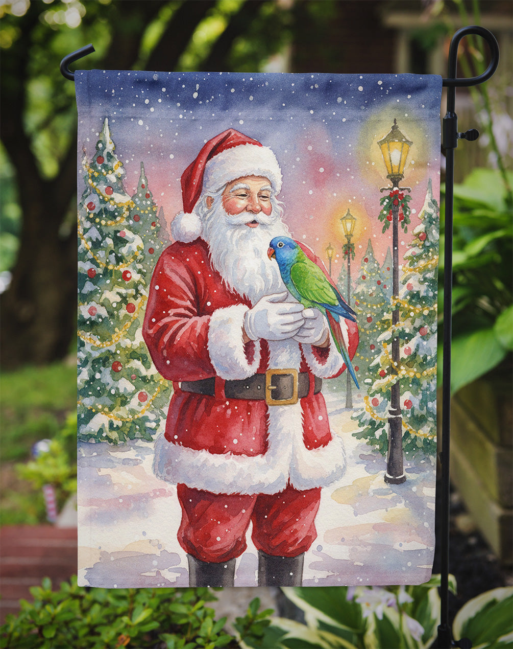 Blue Headed Pionus Parrot with Santa Claus Garden Flag Mailbox Decorative Yard Banner Outside Patio Artwork for Flower Beds, Garden Size, Multicolor