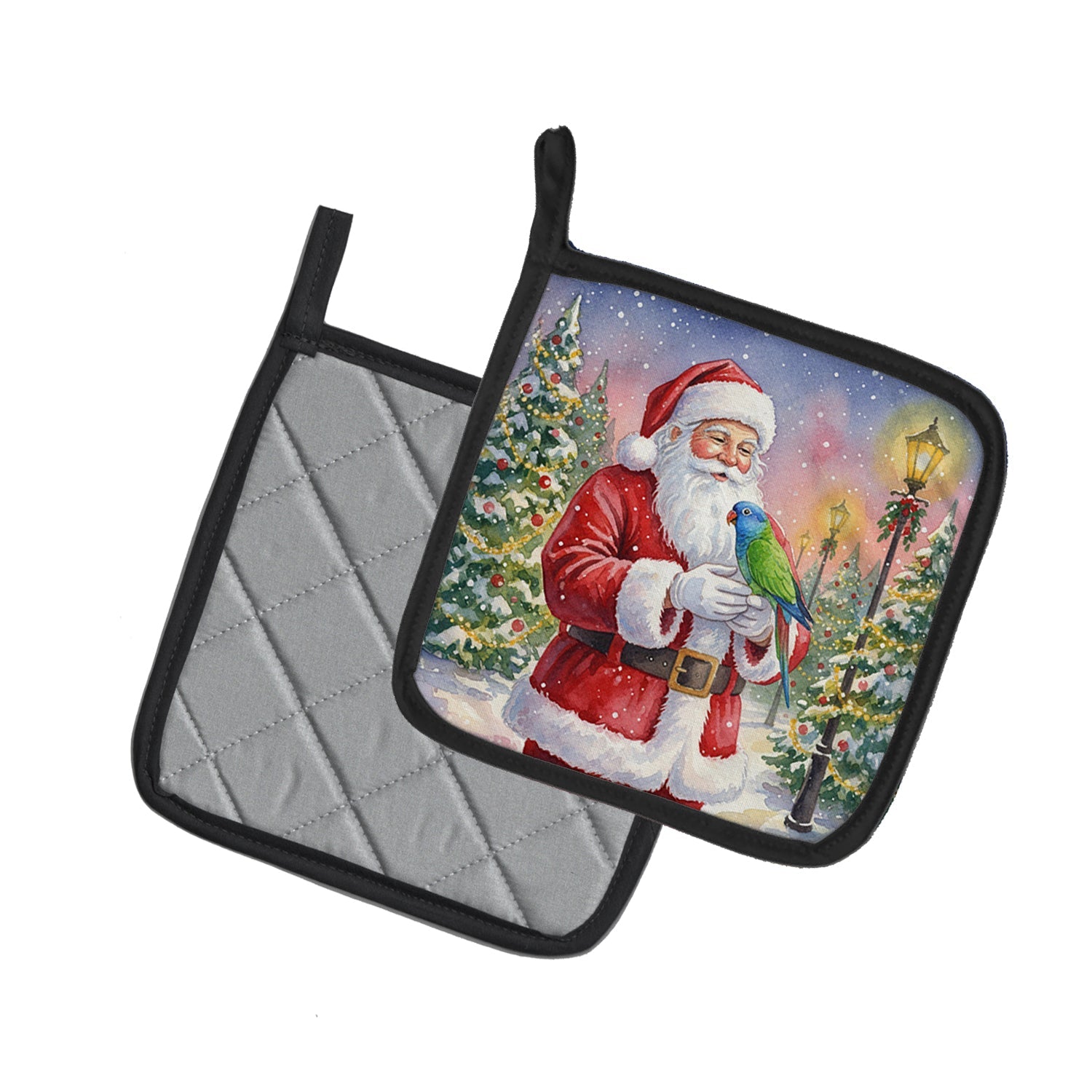 Blue Headed Pionus Parrot with Santa Claus Pot Holder Set of 2 Heat Resistant Quilted Hot Pads 7.5 x 7.5 Inch, Insulated Kitchen Trivets for Cooking & Baking