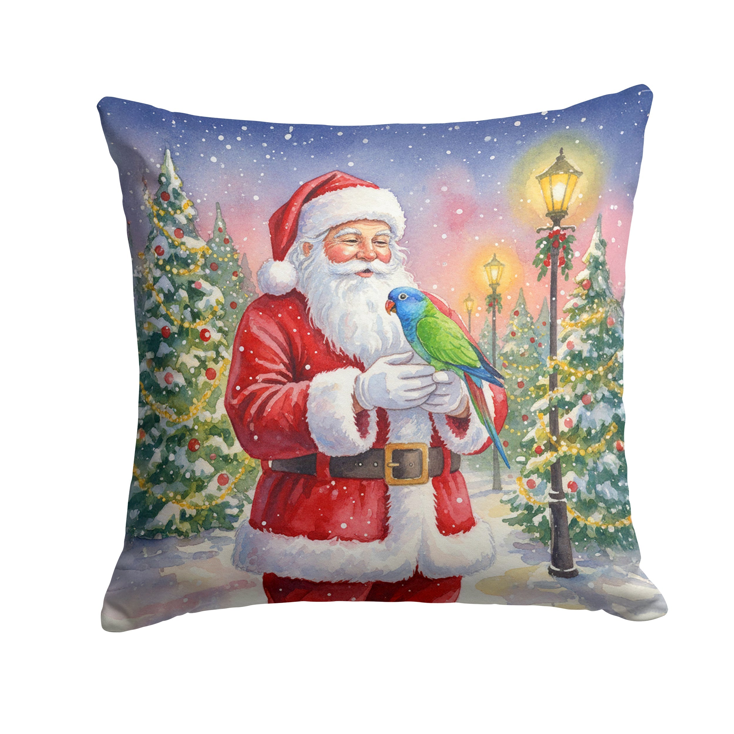 Blue Headed Pionus Parrot with Santa Claus Decorative Throw Pillow 18x18 Indoor Outdoor Accent Cushion, Fabric Cover with Insert for Sofa, Bed, Porch & Living Room