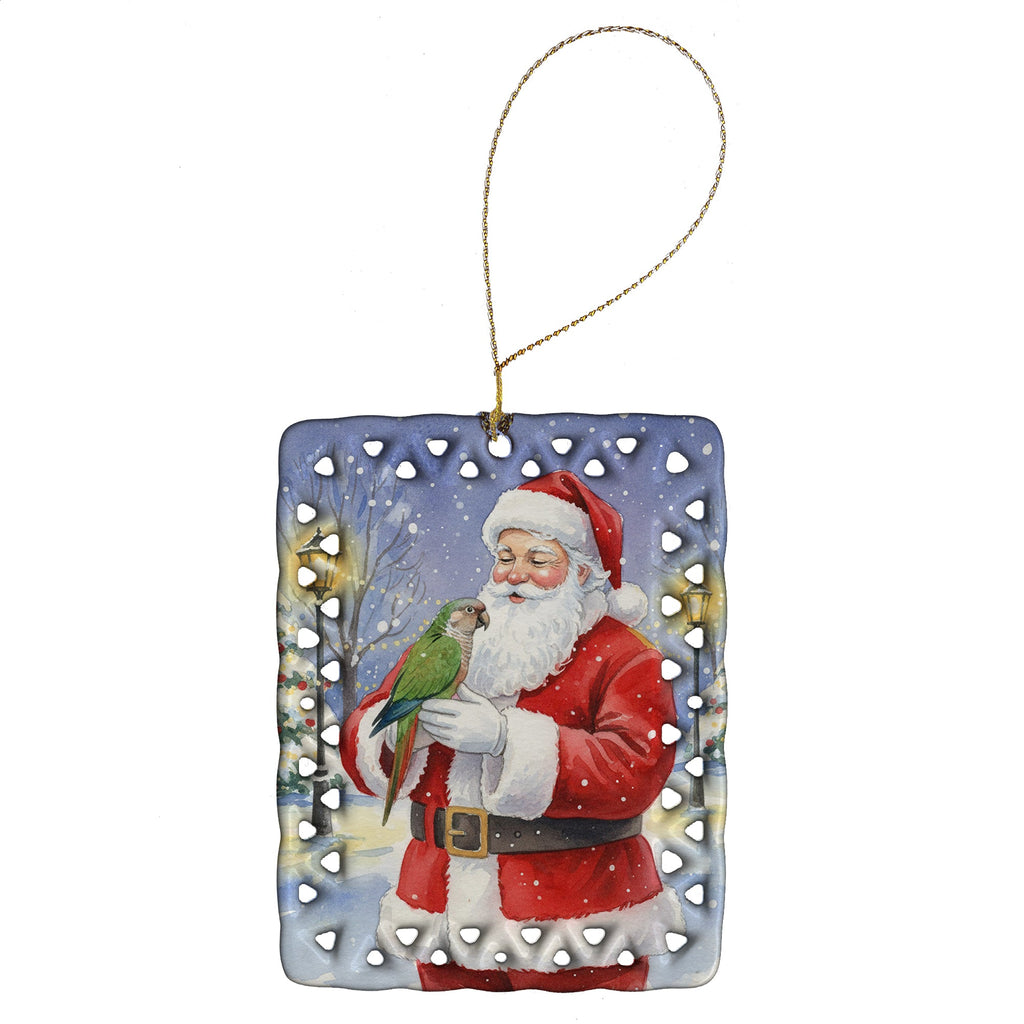 Brown Headed Pionus Parrot with Santa Claus Porcelain Ornament Christmas Tree Hanging Decorations for Home Christmas Holiday, Rectangle, Gift, Multicolor