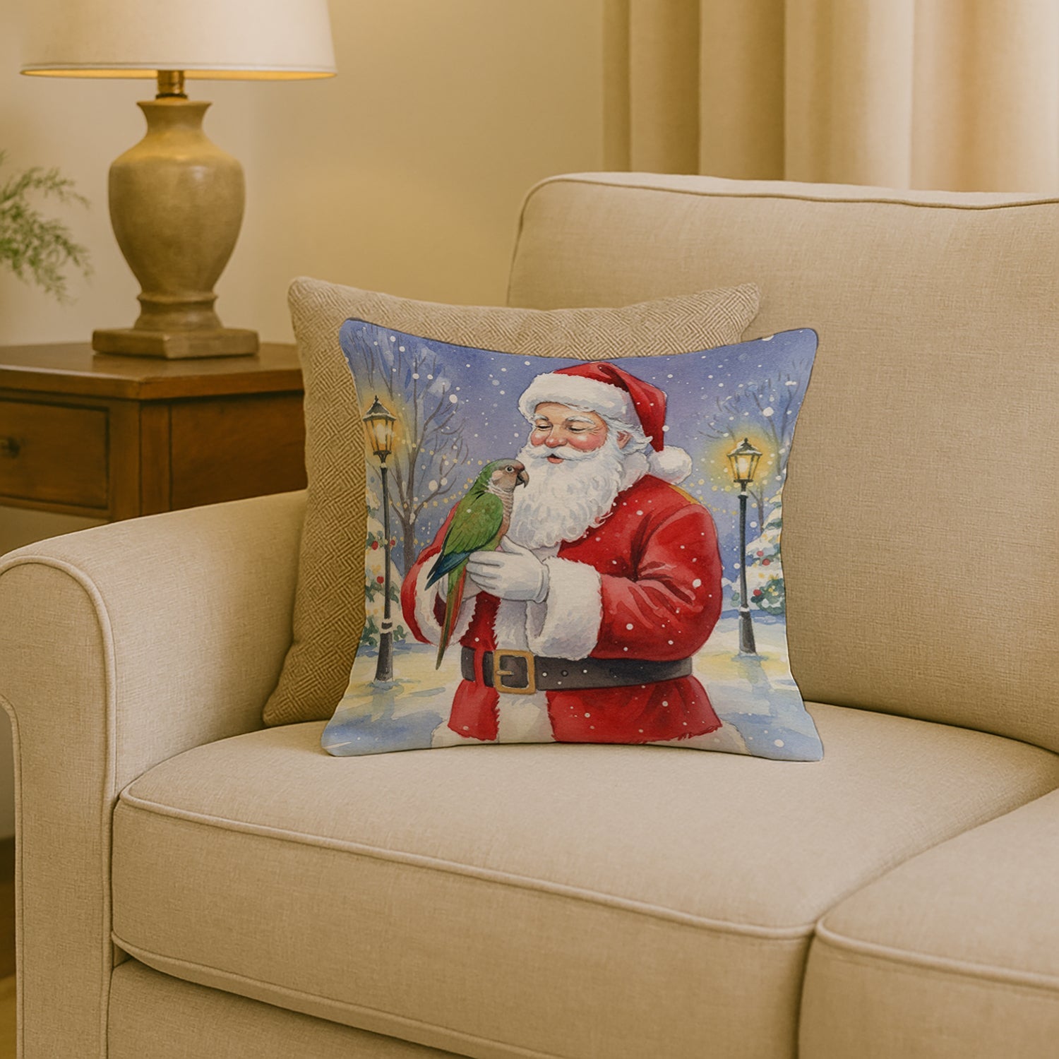 Brown Headed Pionus Parrot with Santa Claus Decorative Throw Pillow 18x18 Indoor Outdoor Accent Cushion, Fabric Cover with Insert for Sofa, Bed, Porch & Living Room