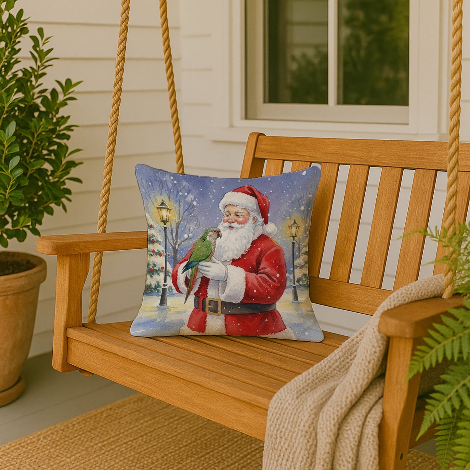 Brown Headed Pionus Parrot with Santa Claus Decorative Throw Pillow 18x18 Indoor Outdoor Accent Cushion, Fabric Cover with Insert for Sofa, Bed, Porch & Living Room