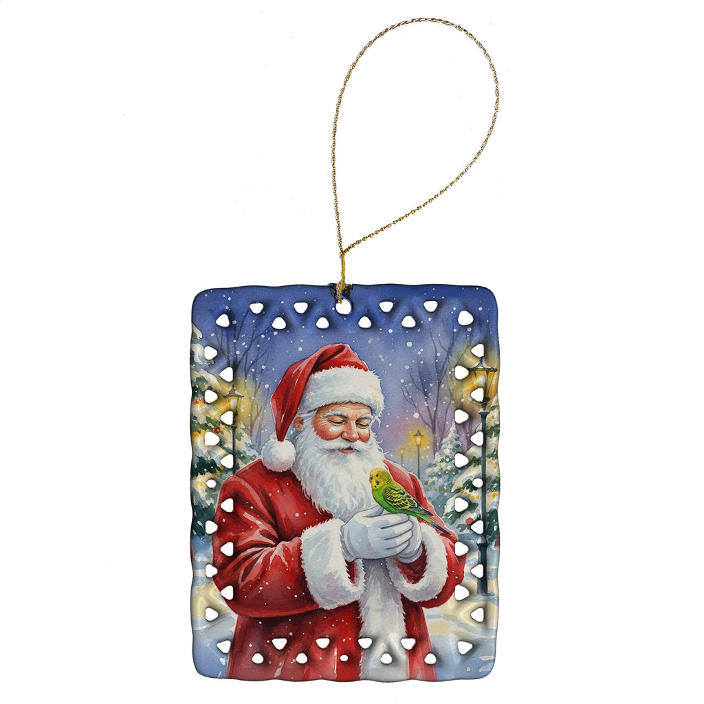 Budgerigar with Santa Claus Porcelain Ornament Christmas Tree Hanging Decorations for Home Christmas Holiday, Rectangle, Gift, Multicolor