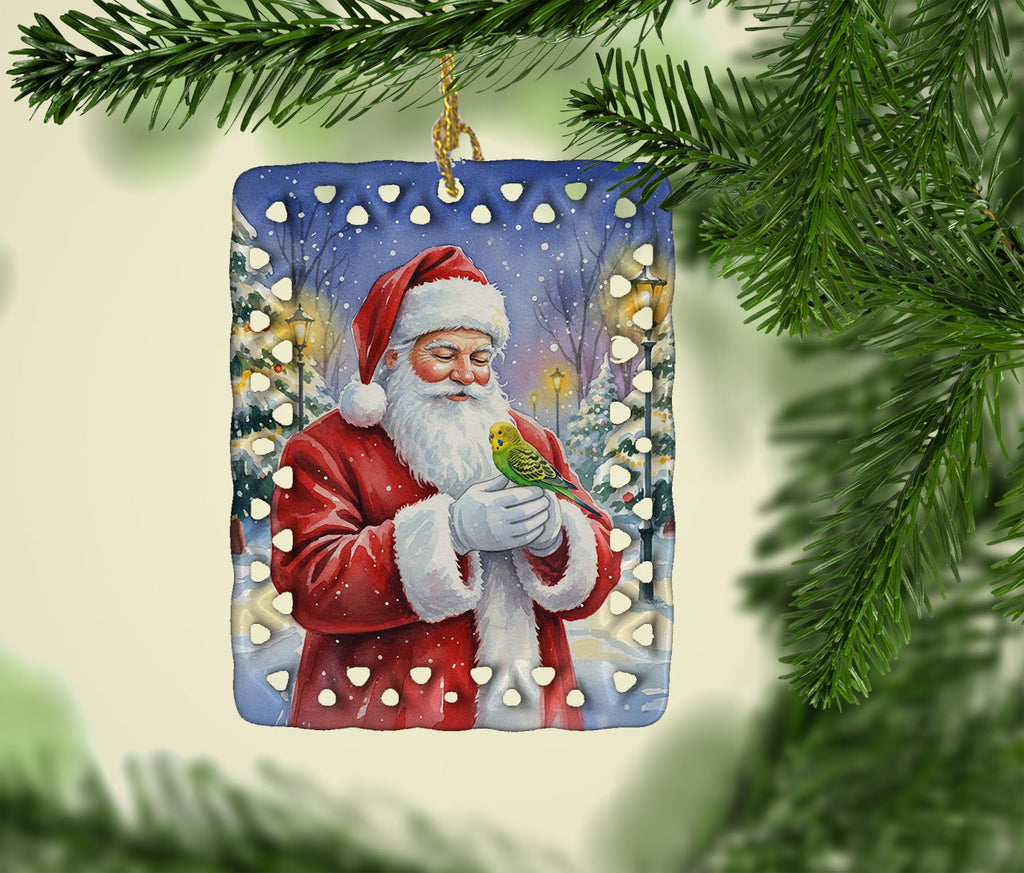 Budgerigar with Santa Claus Porcelain Ornament Christmas Tree Hanging Decorations for Home Christmas Holiday, Rectangle, Gift, Multicolor