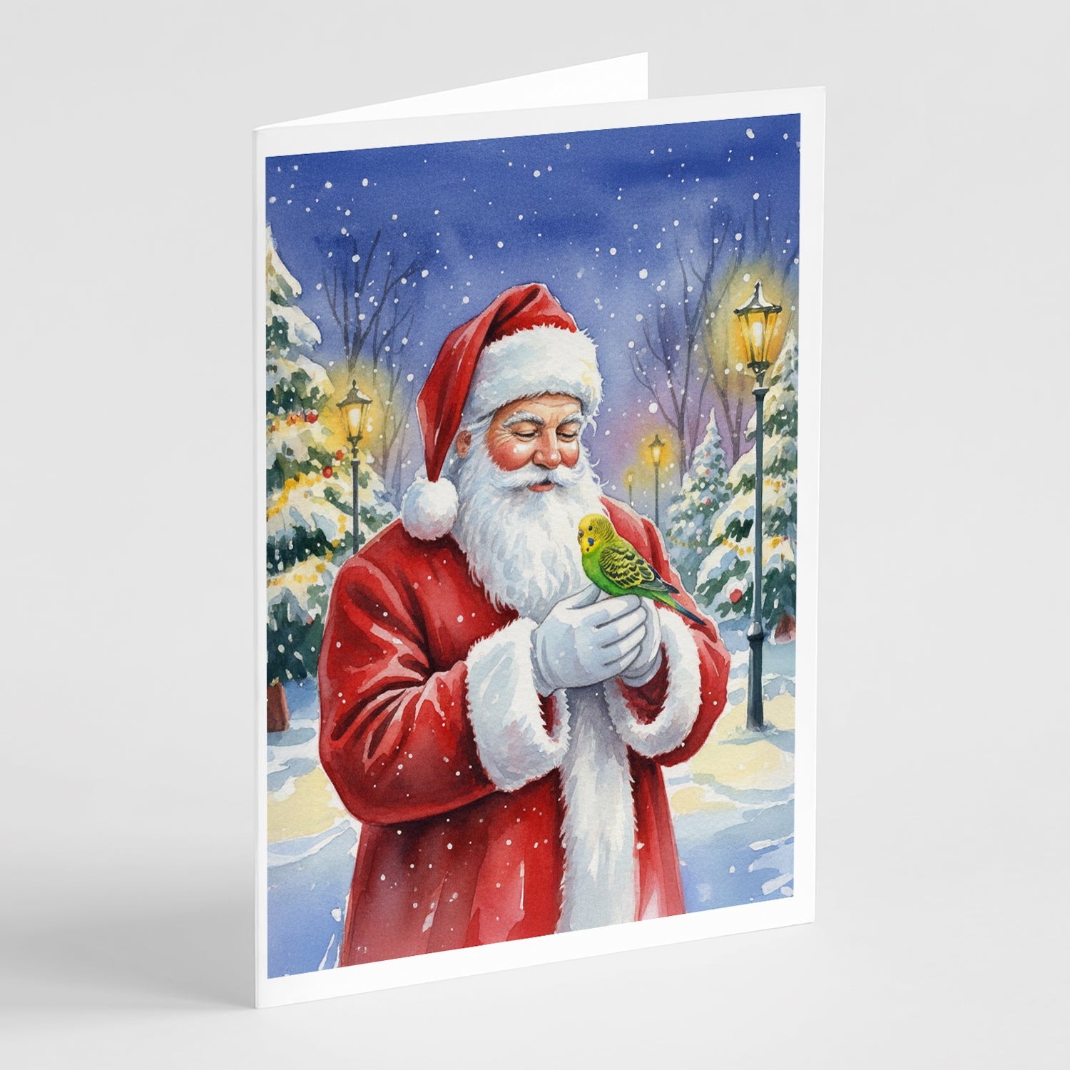 Budgerigar with Santa Claus Greeting Cards Pack of 8 Blank Cards with Envelopes Whimsical A7 Size 5x7
