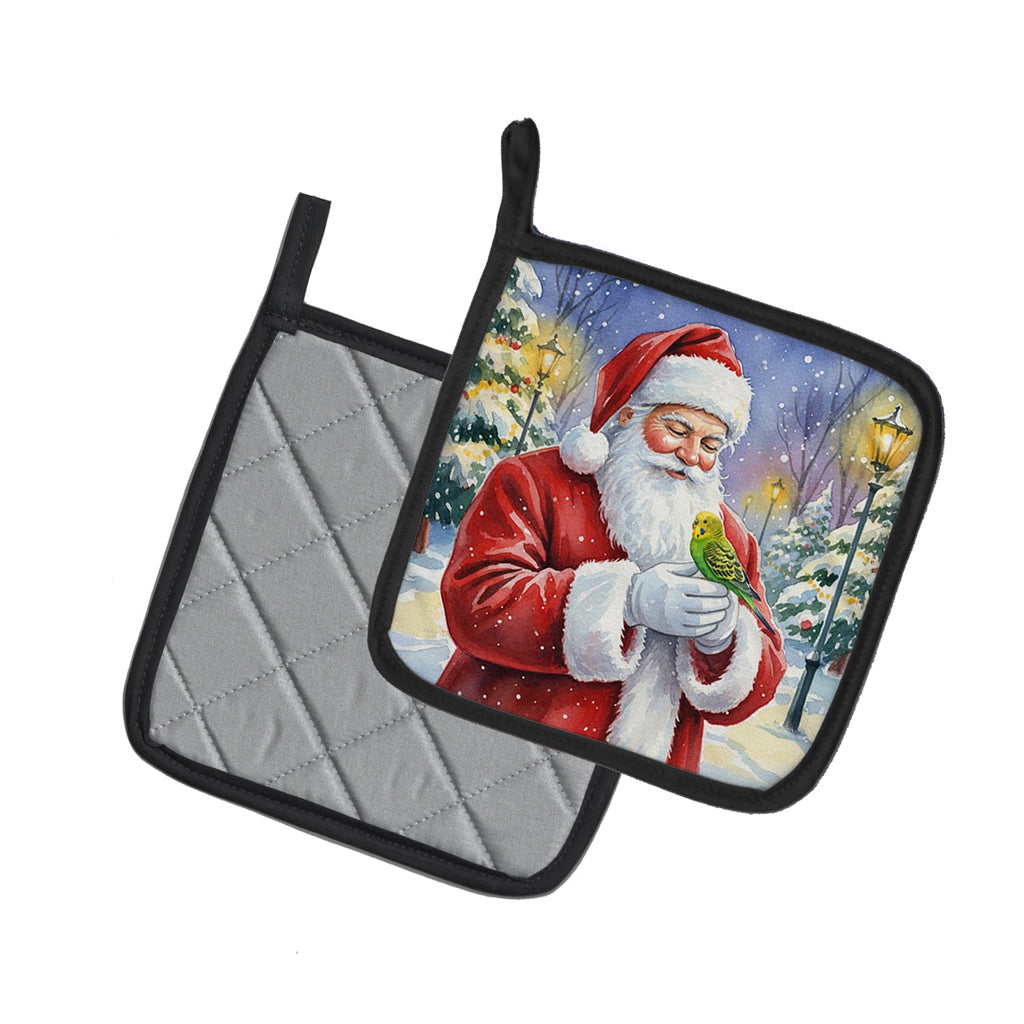 Budgerigar with Santa Claus Pot Holder Set of 2 Heat Resistant Quilted Hot Pads 7.5 x 7.5 Inch, Insulated Kitchen Trivets for Cooking & Baking