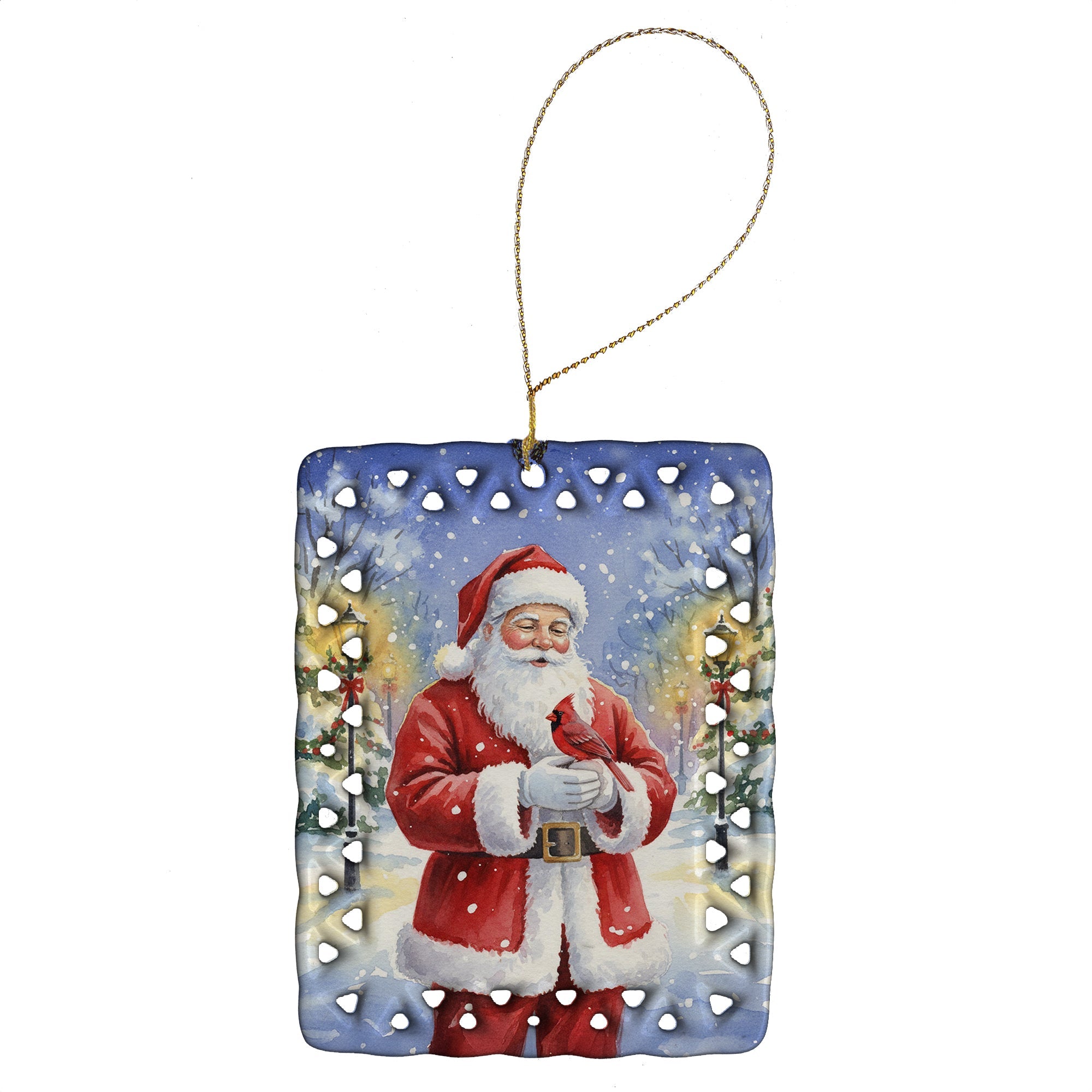 Cardinal with Santa Claus Porcelain Ornament Christmas Tree Hanging Decorations for Home Christmas Holiday, Rectangle, Gift, Multicolor