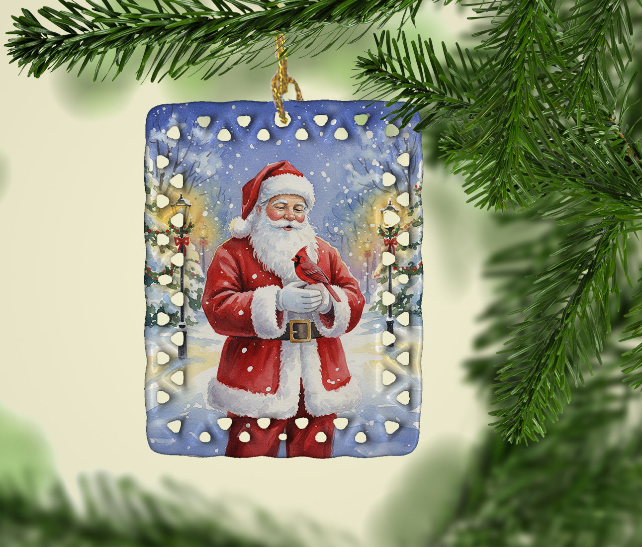 Cardinal with Santa Claus Porcelain Ornament Christmas Tree Hanging Decorations for Home Christmas Holiday, Rectangle, Gift, Multicolor