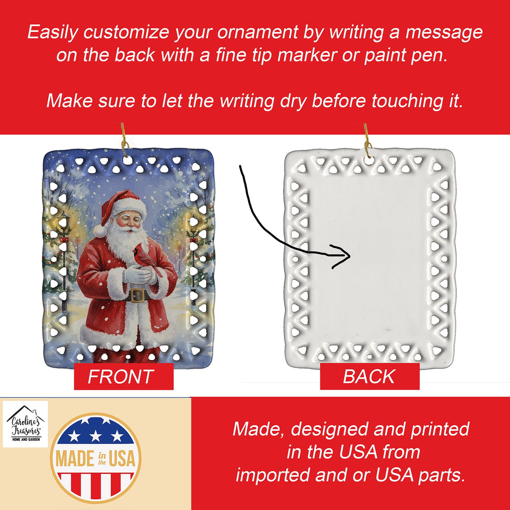 Cardinal with Santa Claus Porcelain Ornament Christmas Tree Hanging Decorations for Home Christmas Holiday, Rectangle, Gift, Multicolor