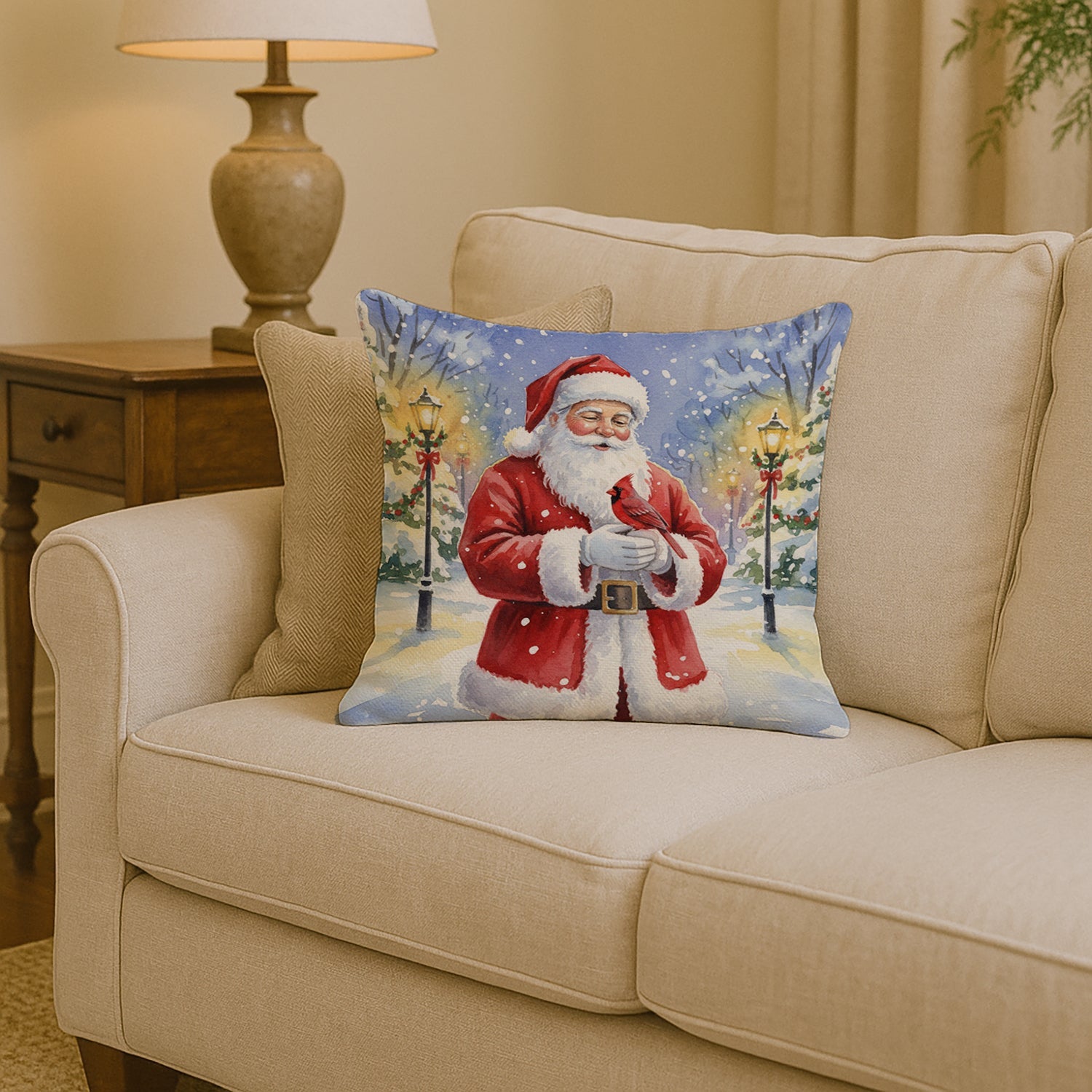 Cardinal with Santa Claus Decorative Throw Pillow 14x14 Indoor Outdoor Accent Cushion, Fabric Cover with Insert for Sofa, Bed, Porch & Living Room