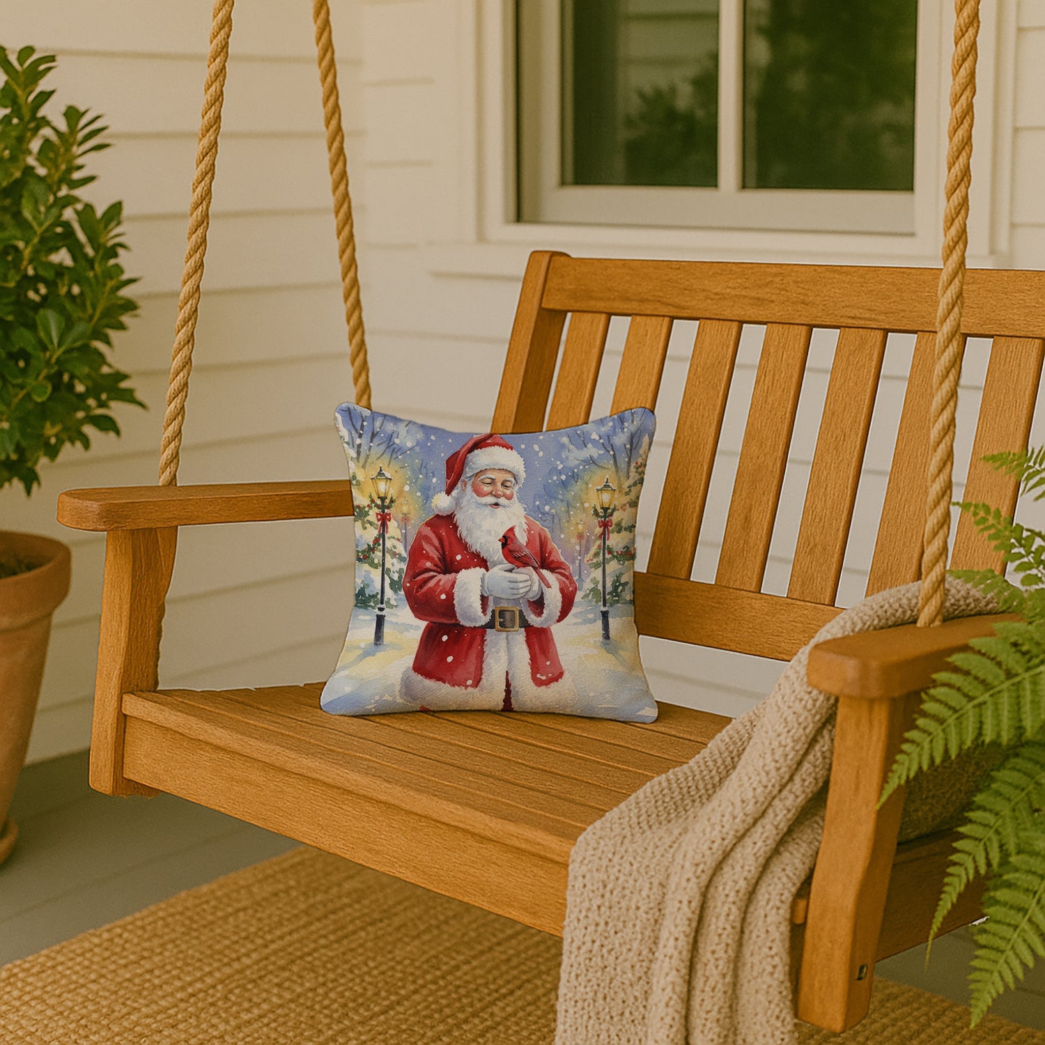 Cardinal with Santa Claus Decorative Throw Pillow 14x14 Indoor Outdoor Accent Cushion, Fabric Cover with Insert for Sofa, Bed, Porch & Living Room