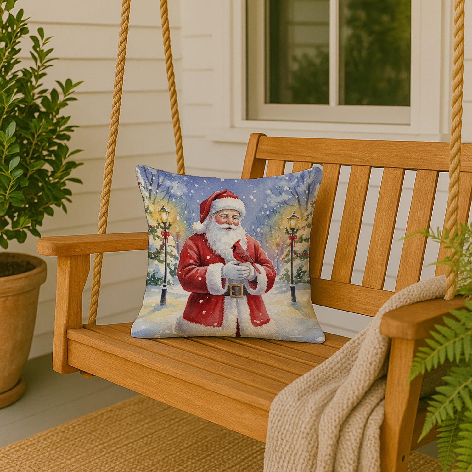Cardinal with Santa Claus Decorative Throw Pillow 18x18 Indoor Outdoor Accent Cushion, Fabric Cover with Insert for Sofa, Bed, Porch & Living Room