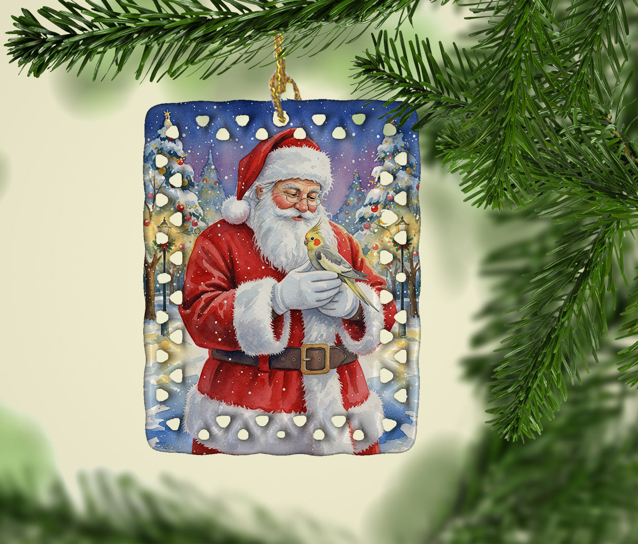 Cockatiel with Santa Claus Porcelain Ornament Christmas Tree Hanging Decorations for Home Christmas Holiday, Rectangle, Gift, Multicolor