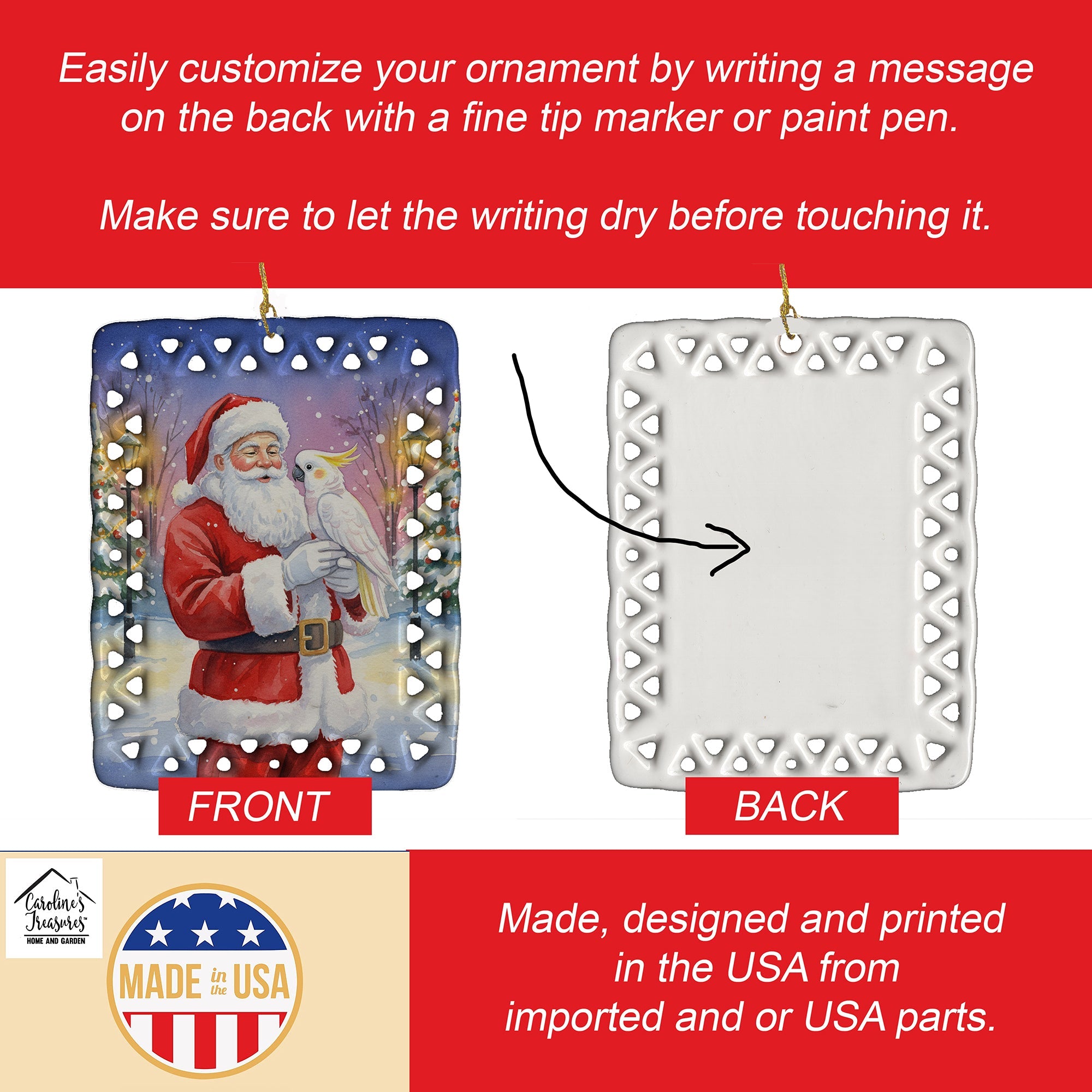 Cockatoo with Santa Claus Porcelain Ornament Christmas Tree Hanging Decorations for Home Christmas Holiday, Rectangle, Gift, Multicolor
