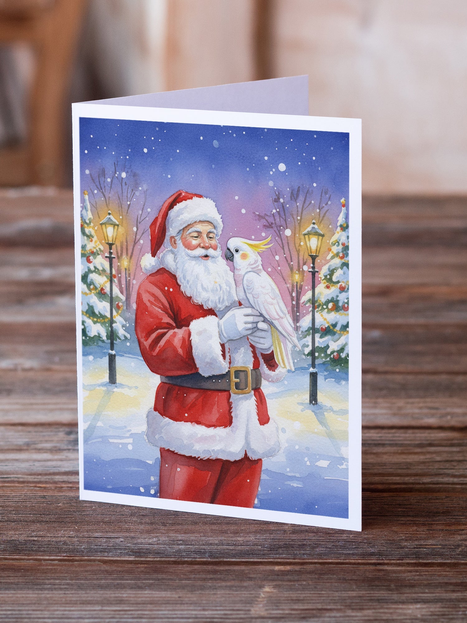 Cockatoo with Santa Claus Greeting Cards Pack of 8 Blank Cards with Envelopes Whimsical A7 Size 5x7