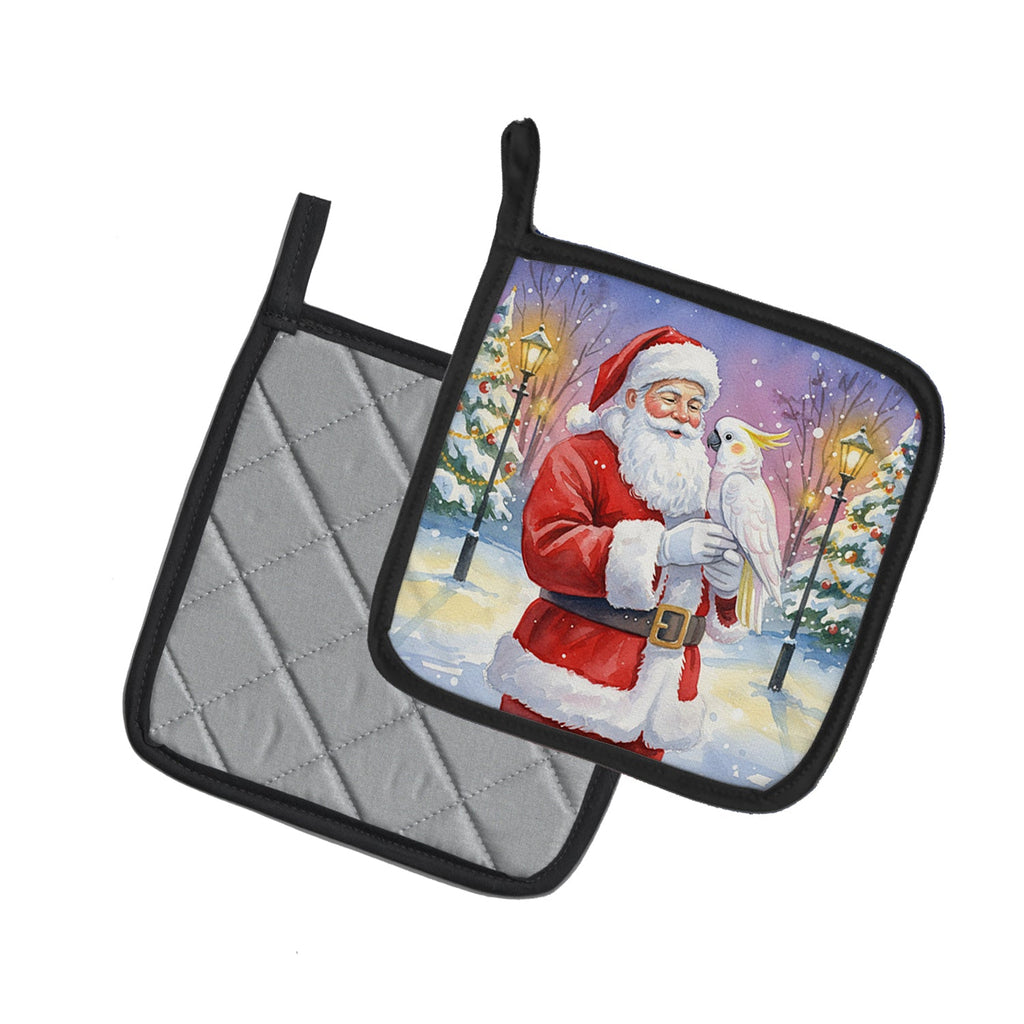 Cockatoo with Santa Claus Pot Holder Set of 2 Heat Resistant Quilted Hot Pads 7.5 x 7.5 Inch, Insulated Kitchen Trivets for Cooking & Baking