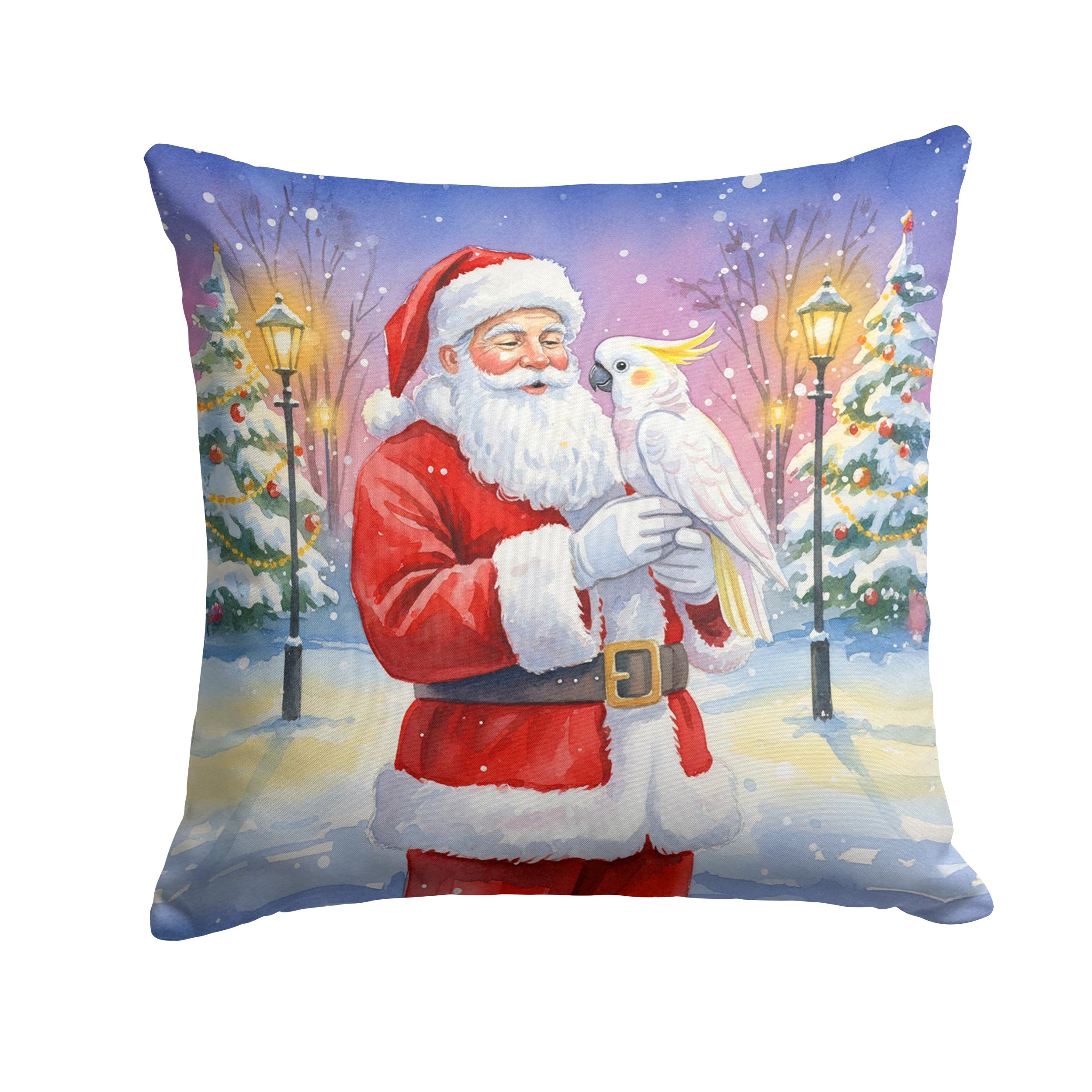 Cockatoo with Santa Claus Decorative Throw Pillow 14x14 Indoor Outdoor Accent Cushion, Fabric Cover with Insert for Sofa, Bed, Porch & Living Room