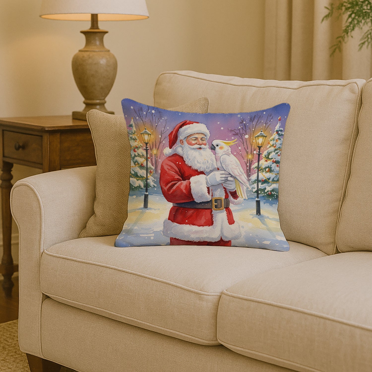 Cockatoo with Santa Claus Decorative Throw Pillow 14x14 Indoor Outdoor Accent Cushion, Fabric Cover with Insert for Sofa, Bed, Porch & Living Room