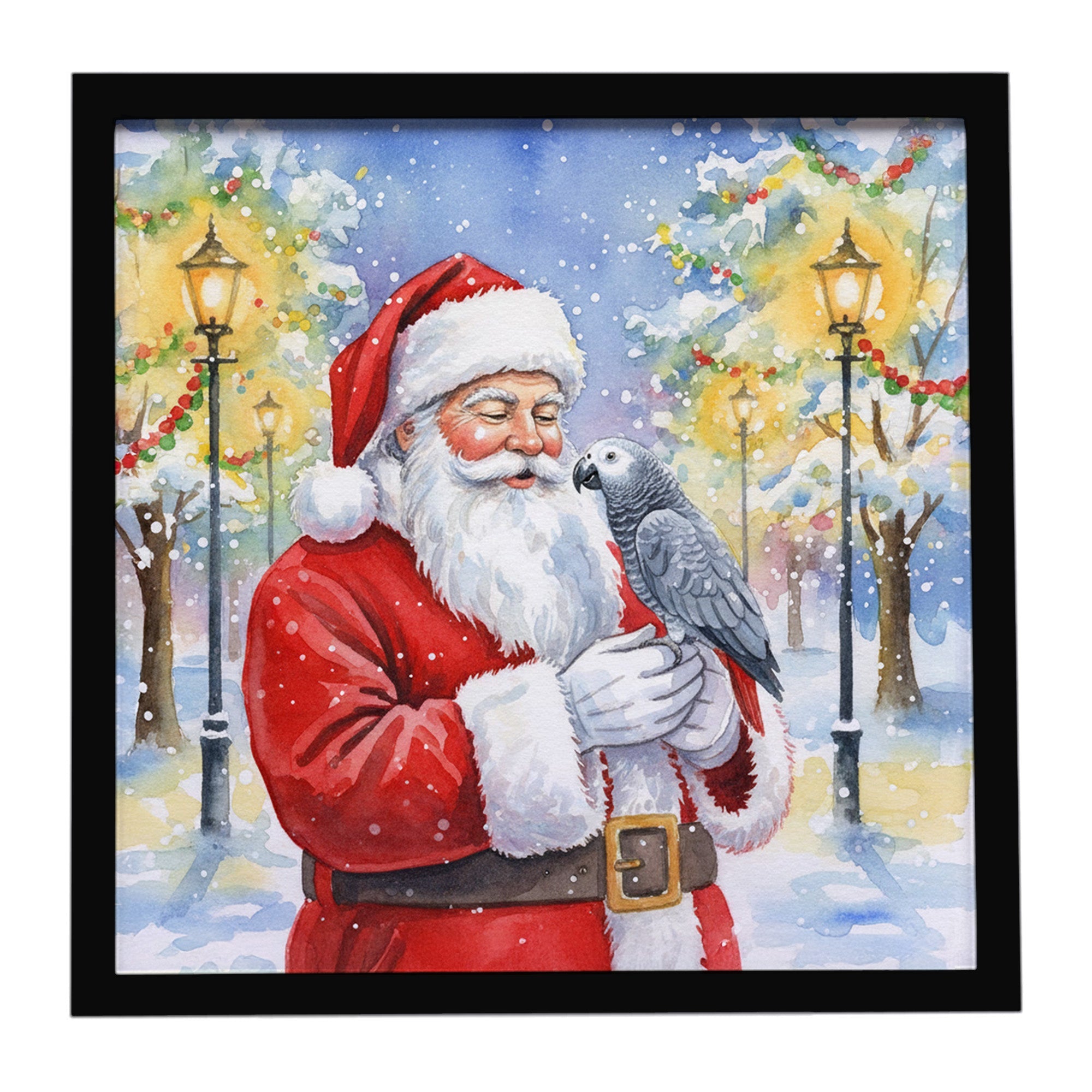 Congo African Grey Parrot with Santa Claus Framed Metal Print Bathroom, Kitchen, Office, Home Decor Wall Art Ready to Hang, Square, 8X8