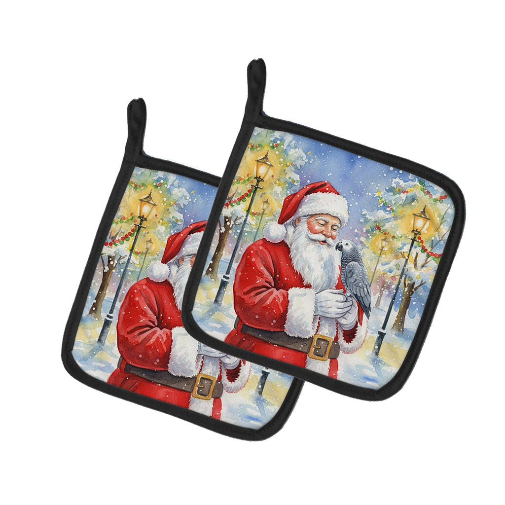 Congo African Grey Parrot with Santa Claus Pot Holder Set of 2 Heat Resistant Quilted Hot Pads 7.5 x 7.5 Inch, Insulated Kitchen Trivets for Cooking & Baking
