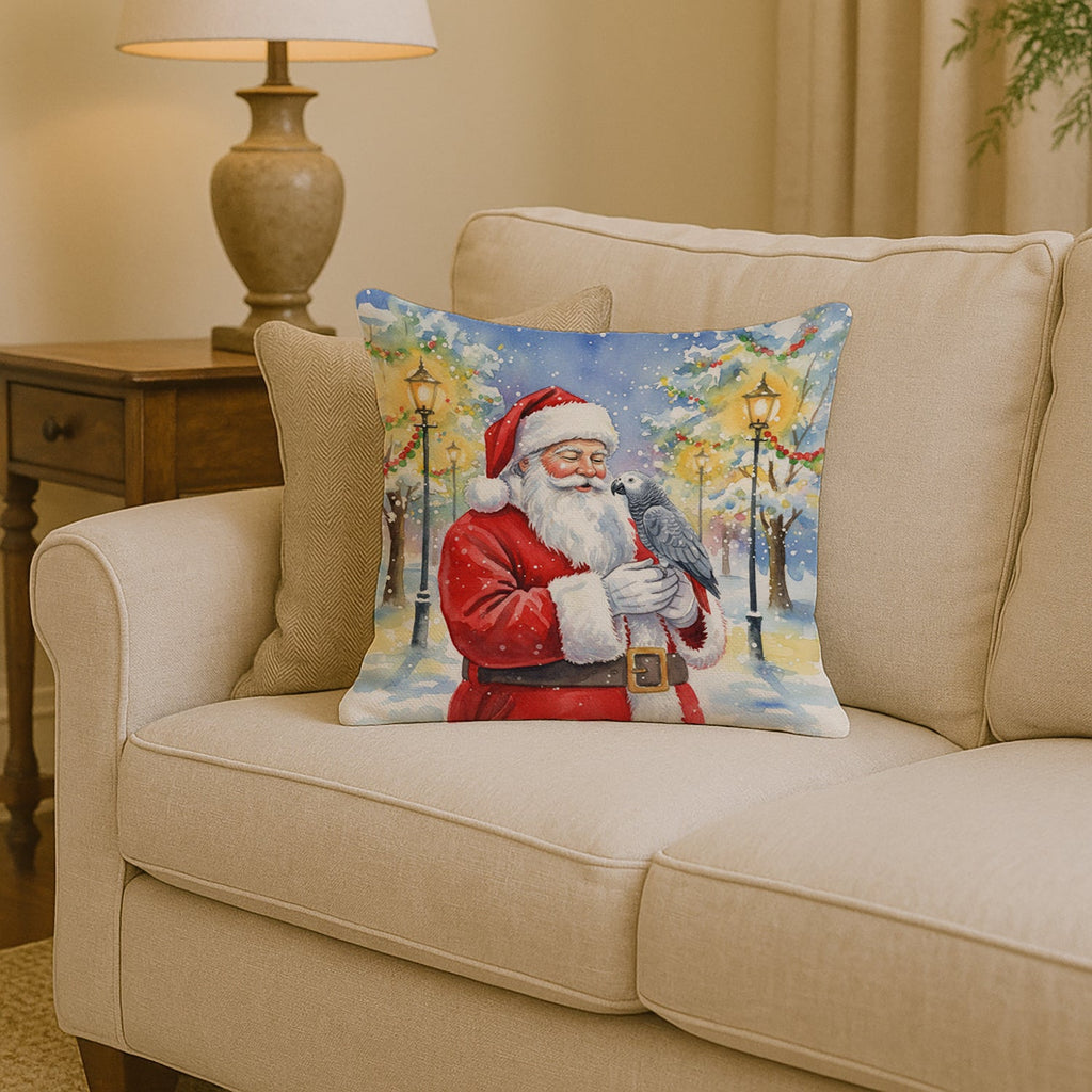 Congo African Grey Parrot with Santa Claus Decorative Throw Pillow 14x14 Indoor Outdoor Accent Cushion, Fabric Cover with Insert for Sofa, Bed, Porch & Living Room