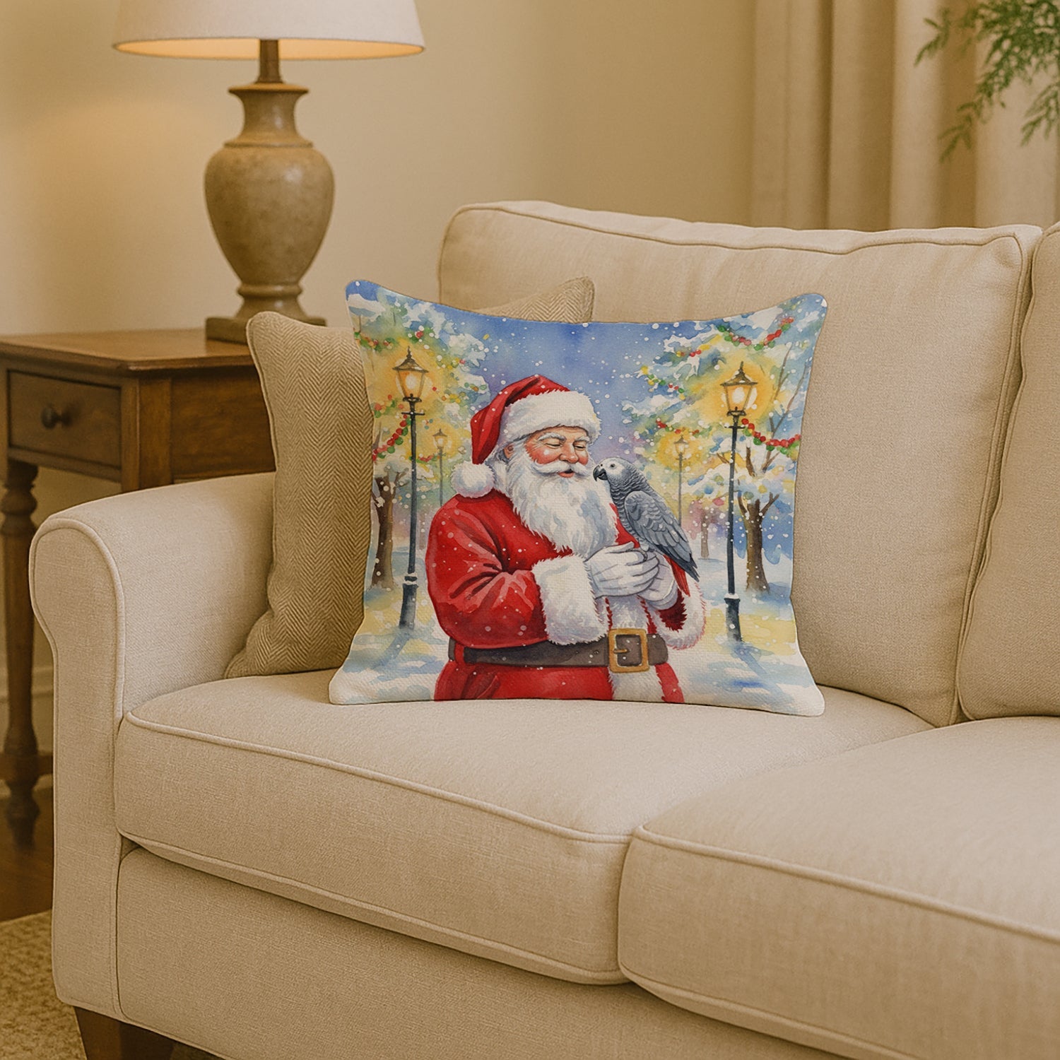 Congo African Grey Parrot with Santa Claus Decorative Throw Pillow 14x14 Indoor Outdoor Accent Cushion, Fabric Cover with Insert for Sofa, Bed, Porch & Living Room