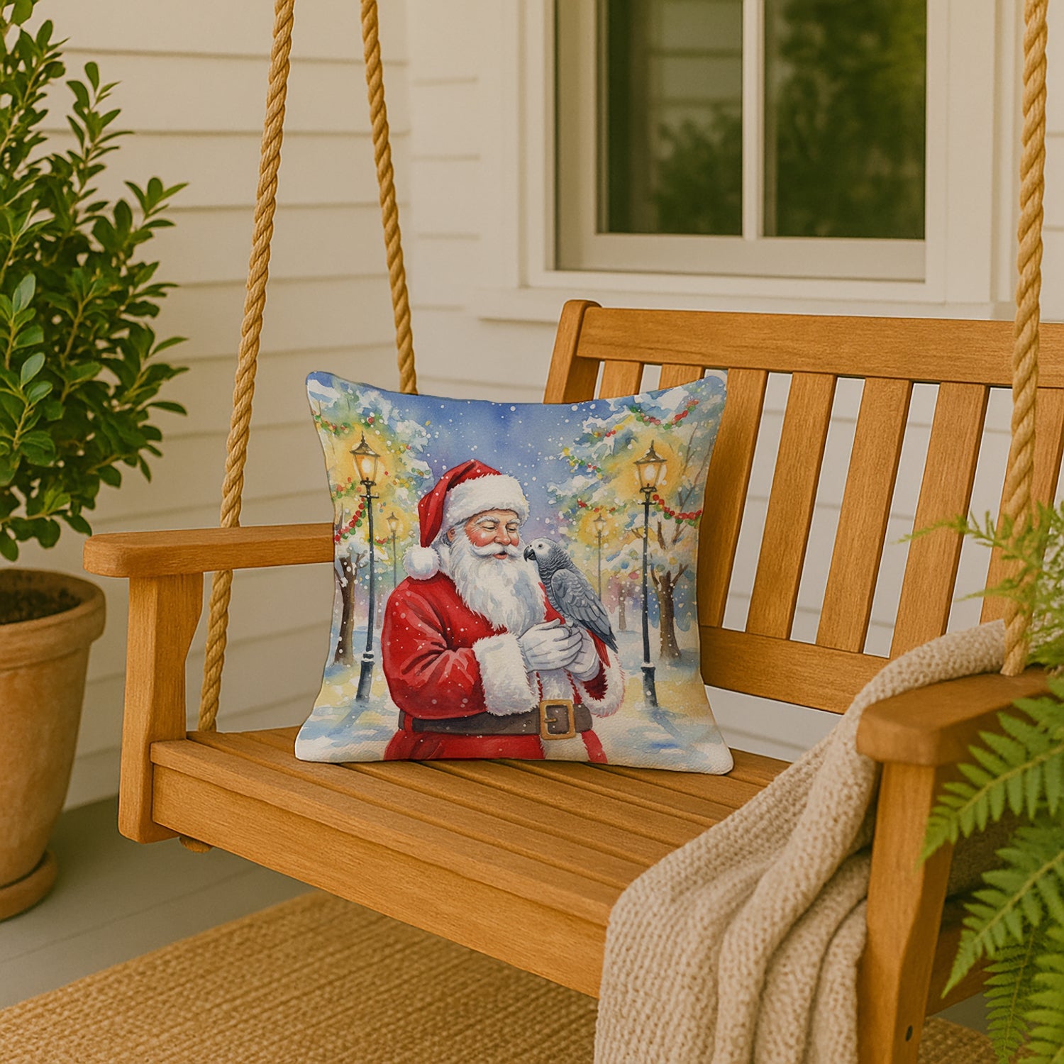 Congo African Grey Parrot with Santa Claus Decorative Throw Pillow 18x18 Indoor Outdoor Accent Cushion, Fabric Cover with Insert for Sofa, Bed, Porch & Living Room