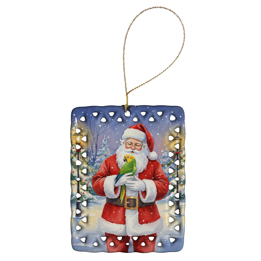 Double Yellow Headed Amazon Parrot with Santa Claus Porcelain Ornament Christmas Tree Hanging Decorations for Home Christmas Holiday, Rectangle, Gift, Multicolor