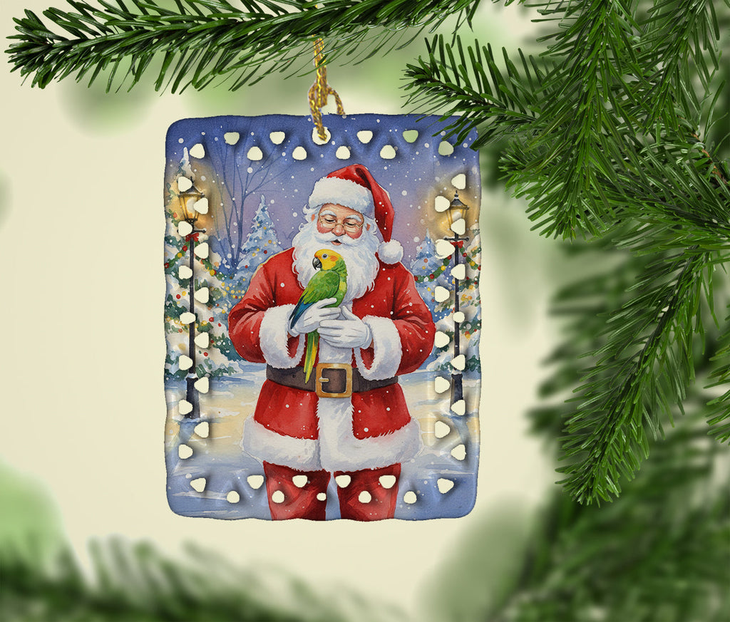 Double Yellow Headed Amazon Parrot with Santa Claus Porcelain Ornament Christmas Tree Hanging Decorations for Home Christmas Holiday, Rectangle, Gift, Multicolor