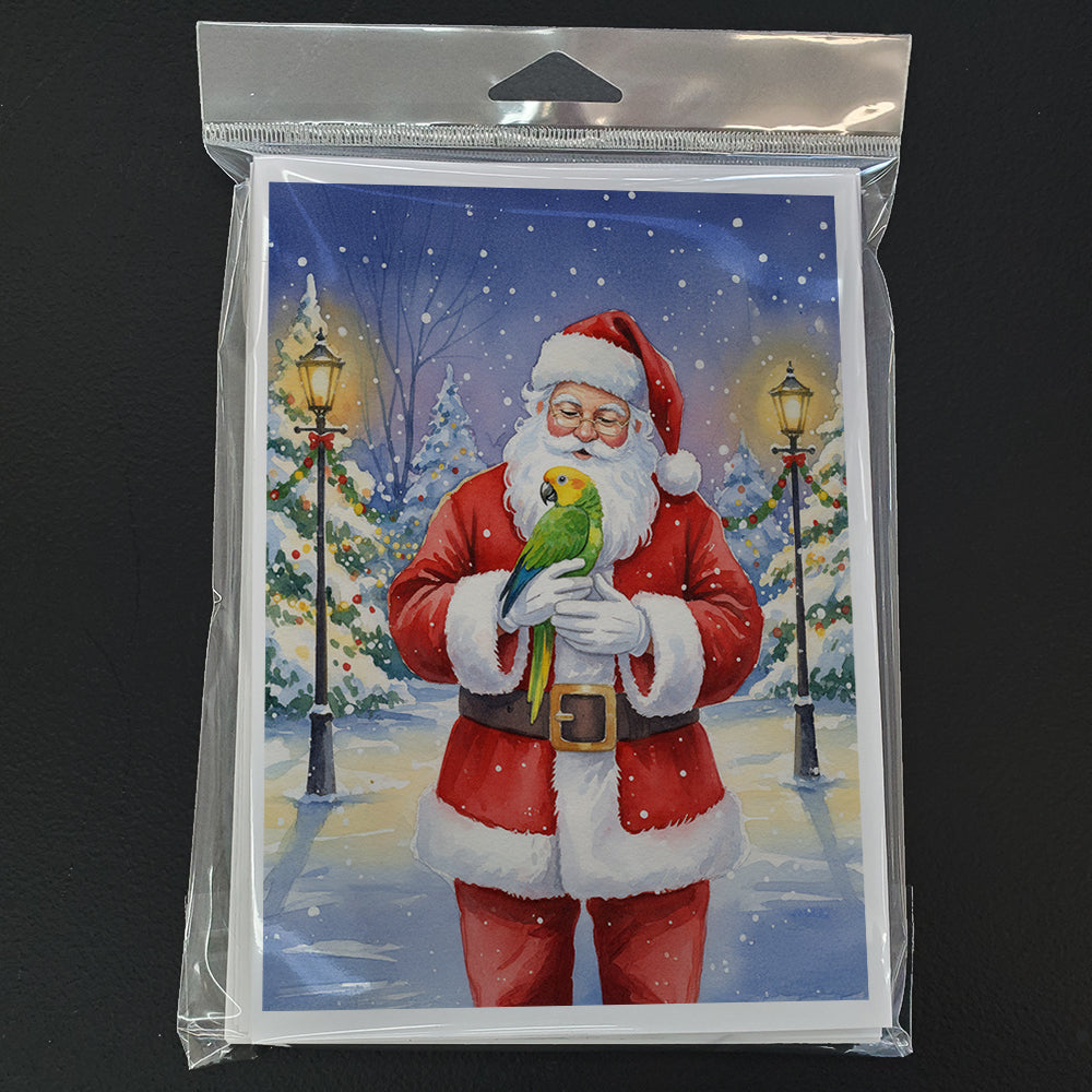 Double Yellow Headed Amazon Parrot with Santa Claus Greeting Cards Pack of 8 Blank Cards with Envelopes Whimsical A7 Size 5x7
