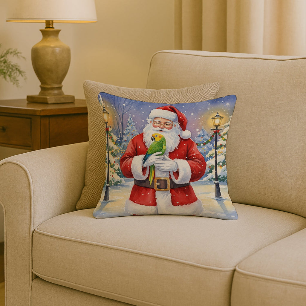 Double Yellow Headed Amazon Parrot with Santa Claus Decorative Throw Pillow 18x18 Indoor Outdoor Accent Cushion, Fabric Cover with Insert for Sofa, Bed, Porch & Living Room