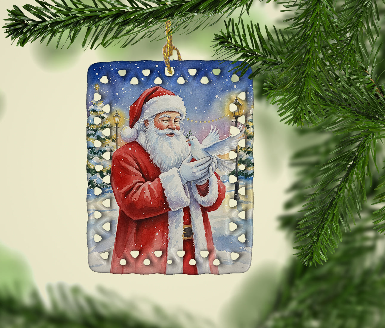 Dove with Santa Claus Porcelain Ornament Christmas Tree Hanging Decorations for Home Christmas Holiday, Rectangle, Gift, Multicolor