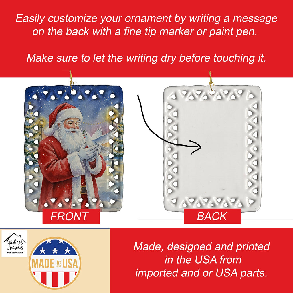 Dove with Santa Claus Porcelain Ornament Christmas Tree Hanging Decorations for Home Christmas Holiday, Rectangle, Gift, Multicolor