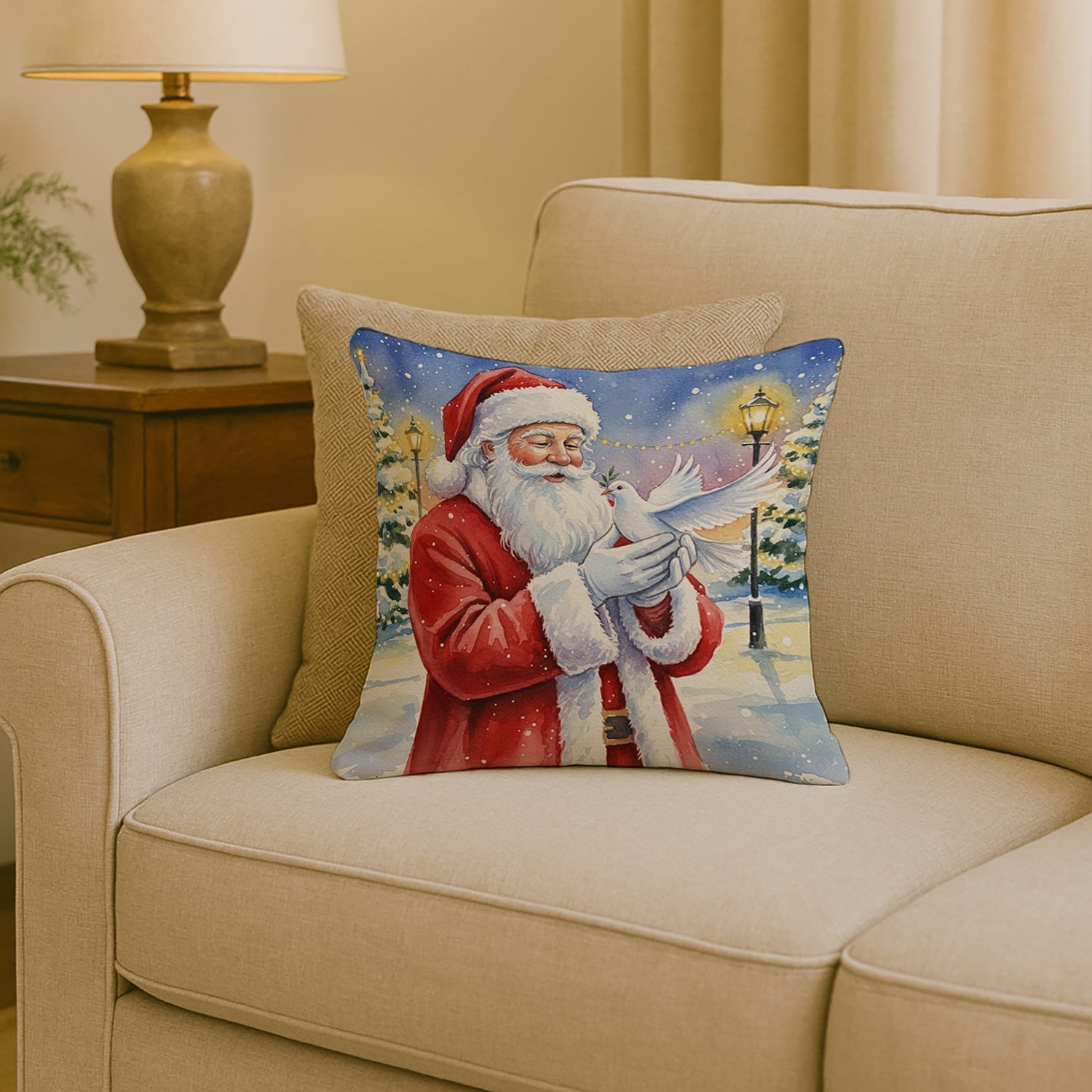 Dove with Santa Claus Decorative Throw Pillow 18x18 Indoor Outdoor Accent Cushion, Fabric Cover with Insert for Sofa, Bed, Porch & Living Room