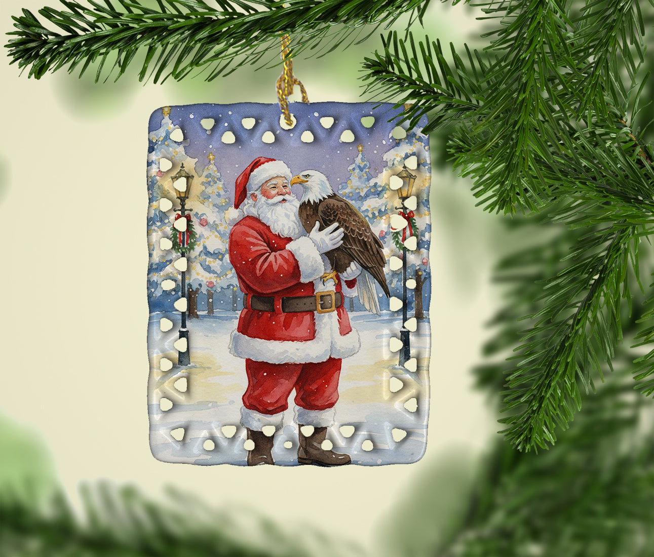 Eagle with Santa Claus Porcelain Ornament Christmas Tree Hanging Decorations for Home Christmas Holiday, Rectangle, Gift, Multicolor