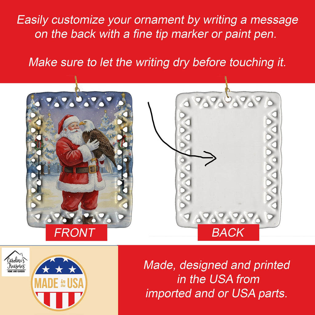 Eagle with Santa Claus Porcelain Ornament Christmas Tree Hanging Decorations for Home Christmas Holiday, Rectangle, Gift, Multicolor